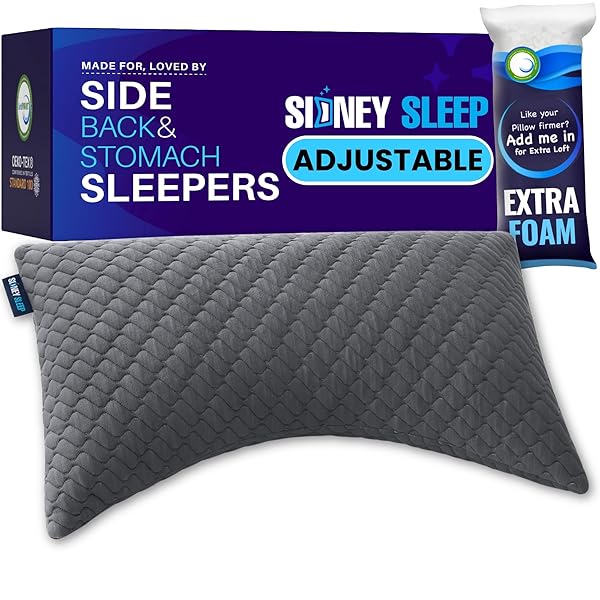 Sidney Sleep Bed Pillow for Side and Back Sleepers - Queen Size - Adjustable Filling - Memory Foam Pillow for Neck and Shoulder Support - Customizable Loft - Additional Foam Bag Included (Grey)
