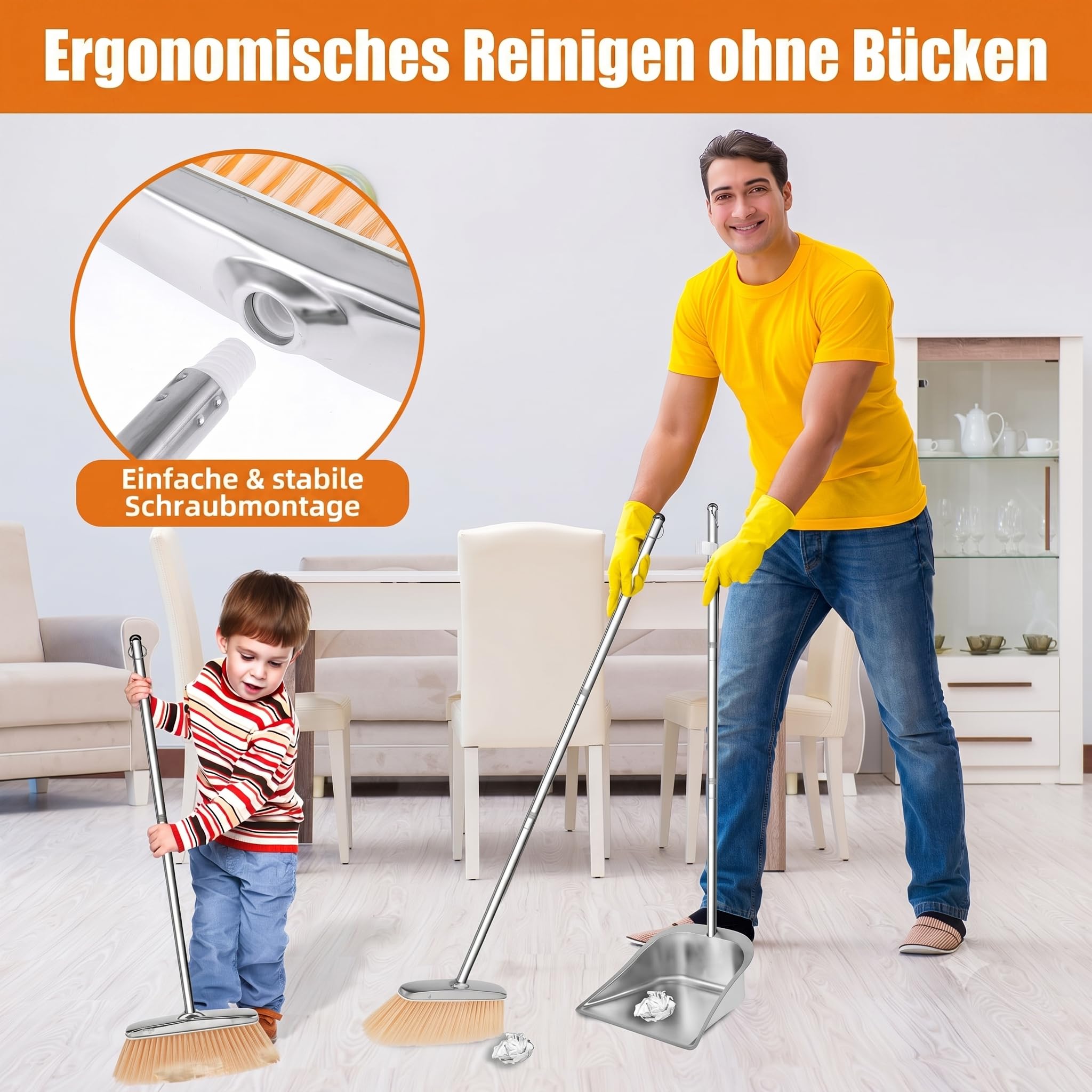 Juego de escoba y recogedor con mango largo de acero inoxidable de 118 cm, escoba vertical con pala, escoba con recogedor para uso en el hogar, cocina, habitación, oficina y suelo del
