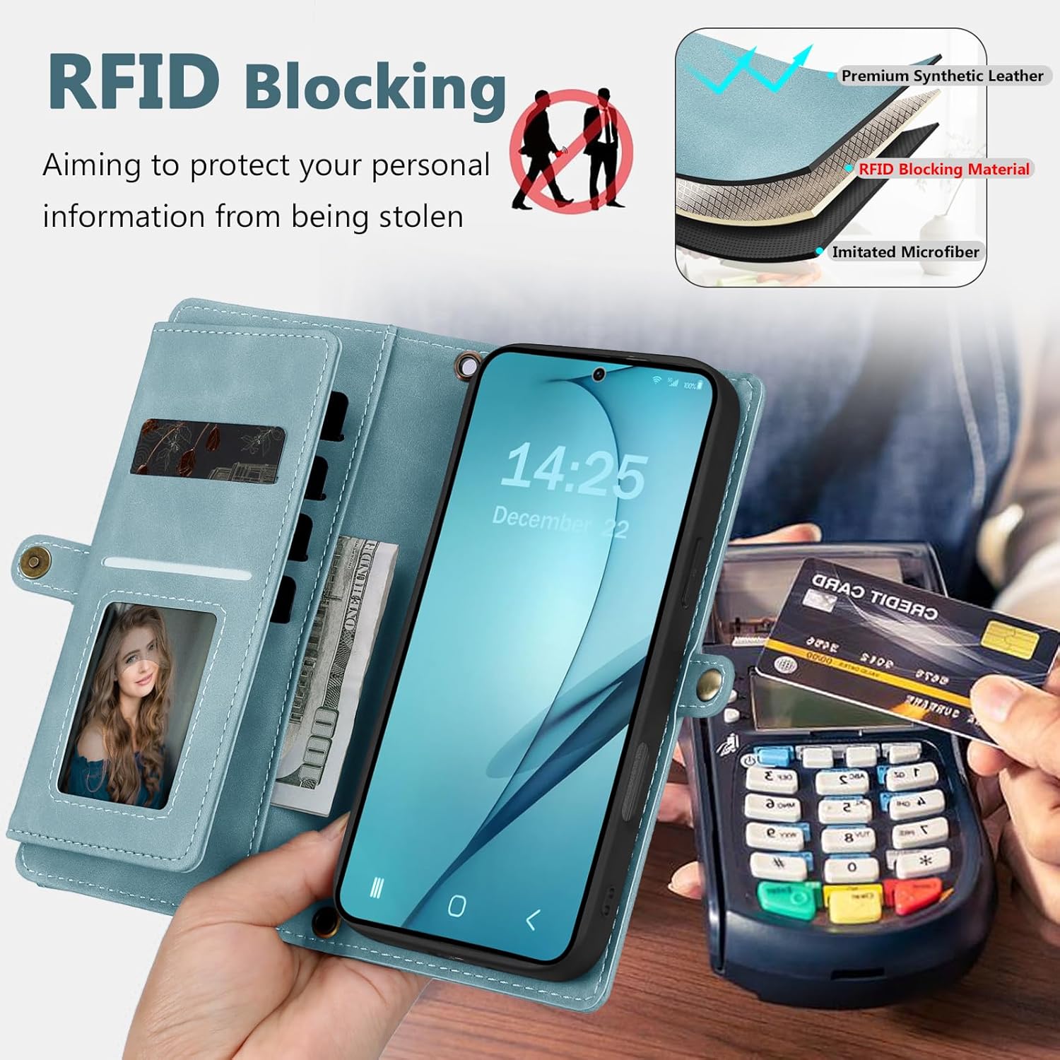 Wallet Case for Samsung Galaxy S24 with Card Holder/Crossbody Wallet/Strap| RFID Blocking | Magnetic | Kickstand | Detachable | PU Leather Phone Case for Galaxy S24,6.2 in,Blue