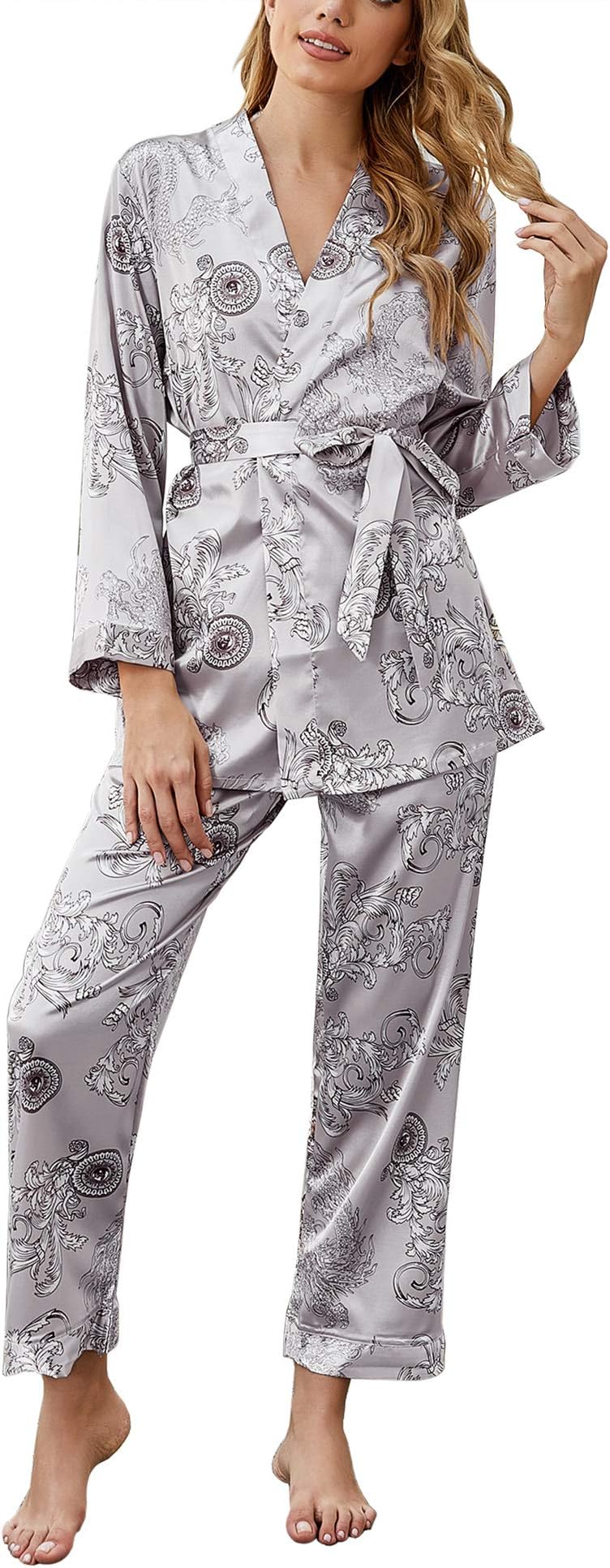 Romanstii Silk Satin Pajamas Sleepwear Set Sexy Cami PJ Nightwear 3 Pieces