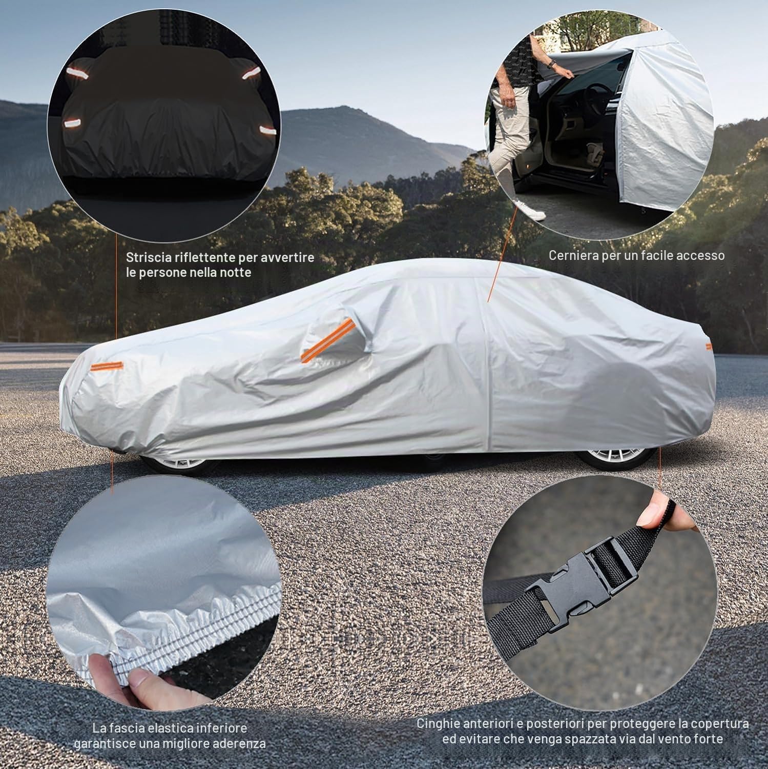 Kayme Telo Copriauto da Esterno, Compatibile con Fiat Panda (2011-2025), Copertura a 6 Starti per Impermeabile Anti UV Anti Vento Antipolvere, Telo Copri con Cerniera e in Cotone.