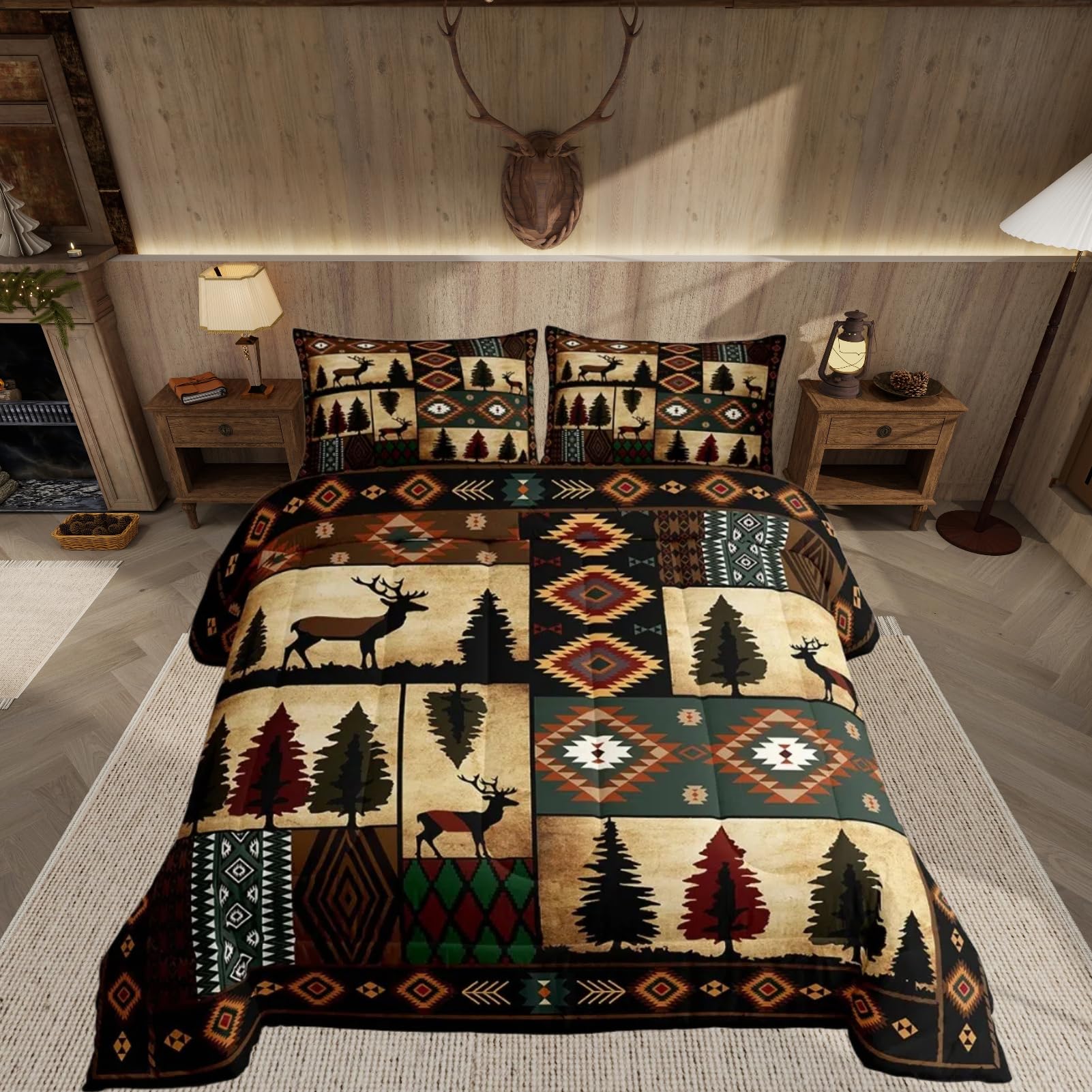 Feelyou Deer Bedding Set Twin Size Wild Animal Comforter Set for Kids Boys Girls Decor Checkerboard Comforter Microfiber Drak Brown Duvet Set