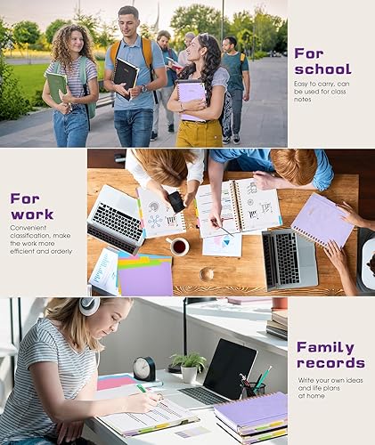 Miniatura 7 de Cuaderno en espiral de tapa dura con pestañas divisorias extraíbles, 300 páginas de cuero de 5 materias, cuaderno universitario con rayas