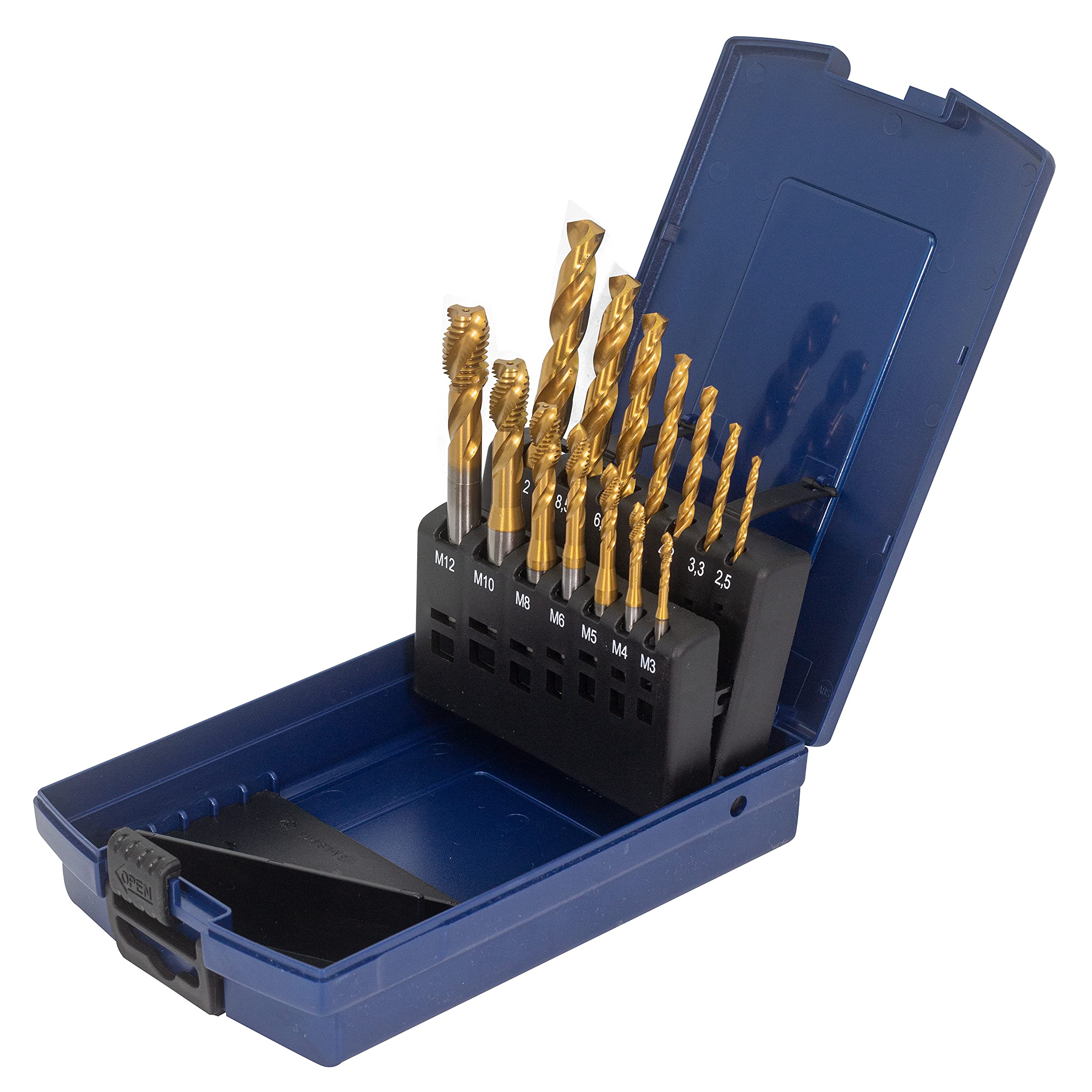 Lot de 14 tarauds pour machine à trou borgne M3, M4, M5, M6, M8, M10, M12 HSSE-Co5 dans une boîte en plastique TiN