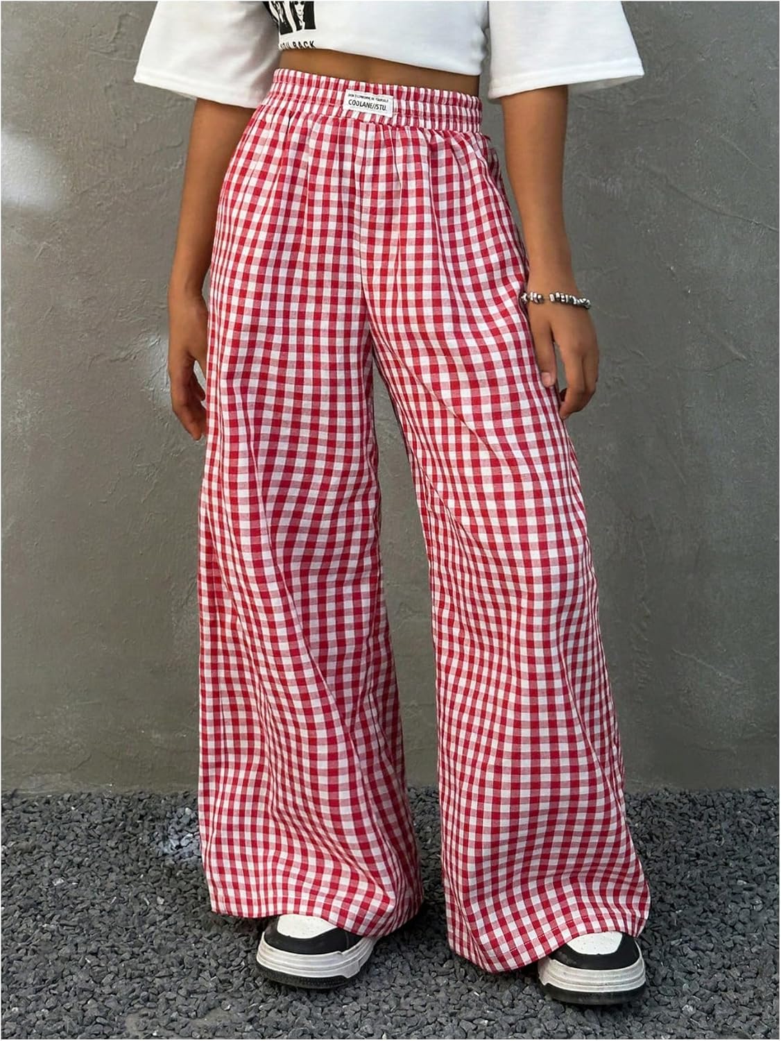SOLY HUX Girl's Plaid Gingham Baggy Pants Elastic High Waisted Wide Leg Long Pants Trousers - Image 4