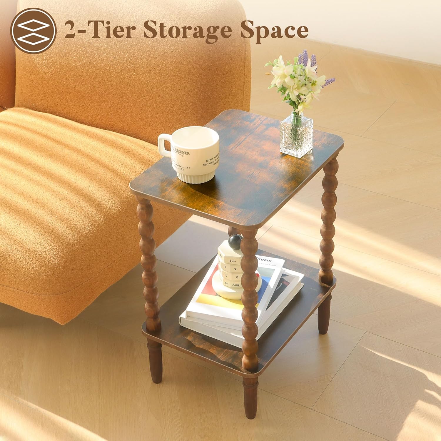 Side Tables Set of 2, Small End Table with Storage Shelf, Night Stand Set 2 Bedside Tables for Living Room, Bedroom, Office and Small Spaces (Rustic Brown)