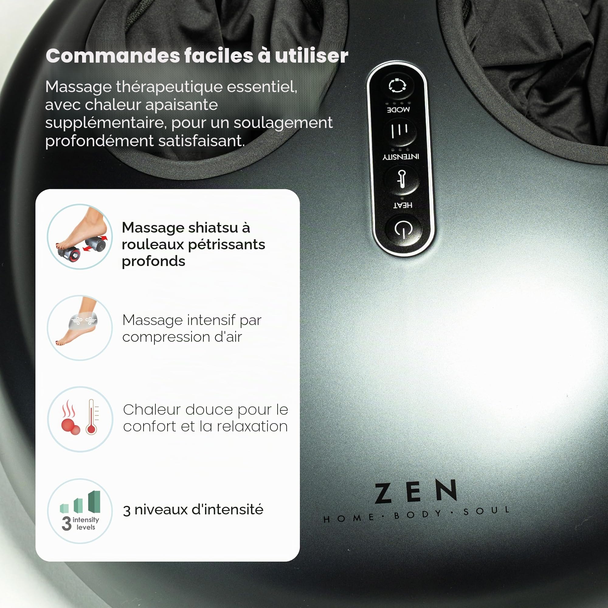 Masseur de Pieds Zen Macchu Picchu - 3 types de massage: Shaitsu, par roulement, par compression d'air - 3 intensités - Adapté aux pieds de grandes tailles - Chaleur apaisante