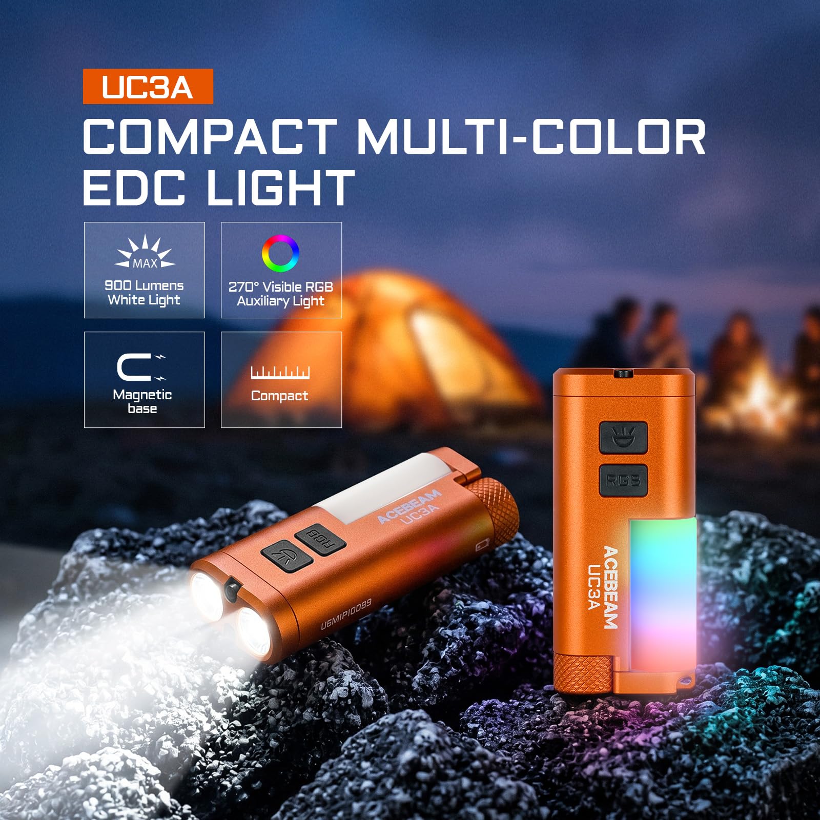 ACEBEAM UC3A Torcia Ricaricabile EDC AAA, 900 Lumen, Mini Torcia a Sorgenti Multiple con Camping e 9 Luci RGB, Piccola Torcia LED Piatta da Tasca con Magnetico, Torcia LED per Domestiche, Arancione