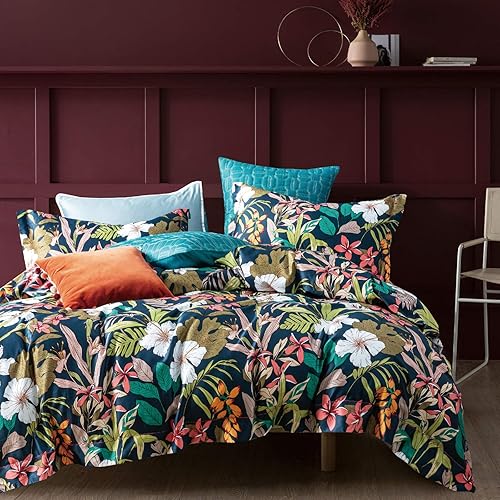 Eikei - Juego de funda de edredón de algodón egipcio con diseño minimalista estilo retro zen asiático y diseño botánico reversible, tamaño