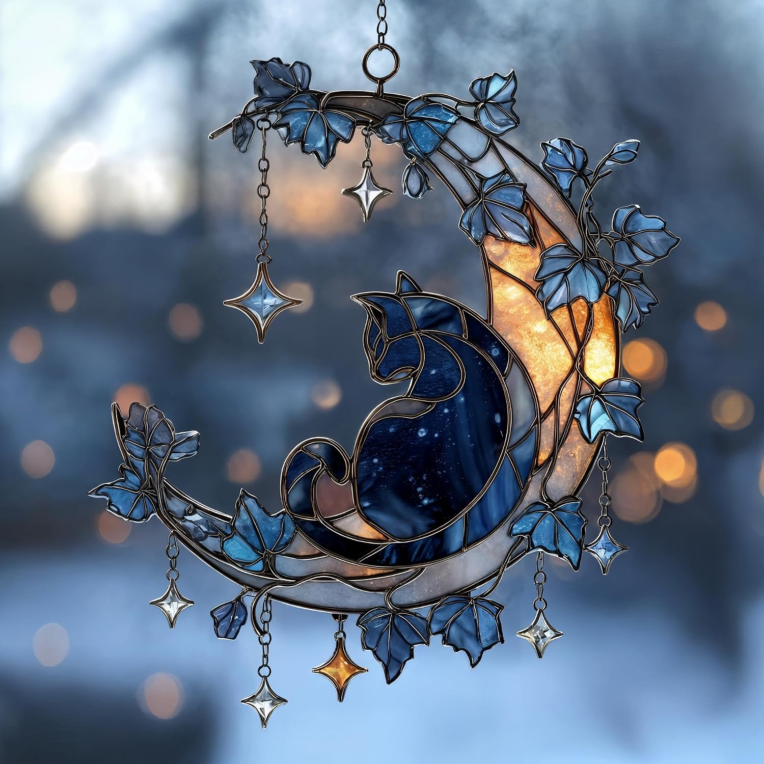 Celestial Sun and Moon Acrylic Suncatcher, Faux Stained Glass Indoor Window Hanging Christmas Ornament, Outdoor Sun Catcher Panel, Home Decor Gift for Celestial Lovers