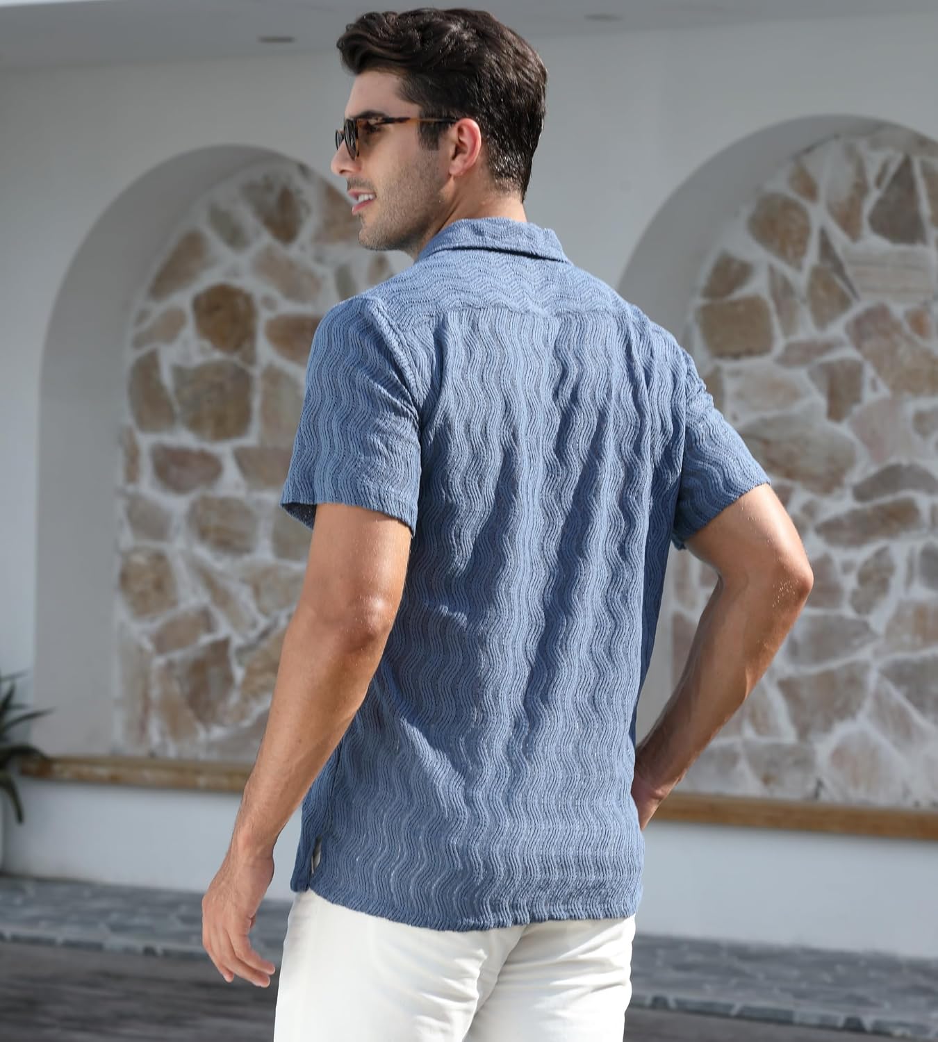 alex vando mens summer shirts see through sheer lace casual short sleeve button down beach shirt blue small
