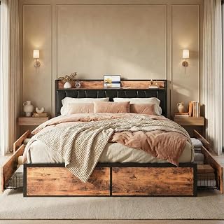 LIKIMIO California king bed frame with storage drawers and upholstered charging headboard