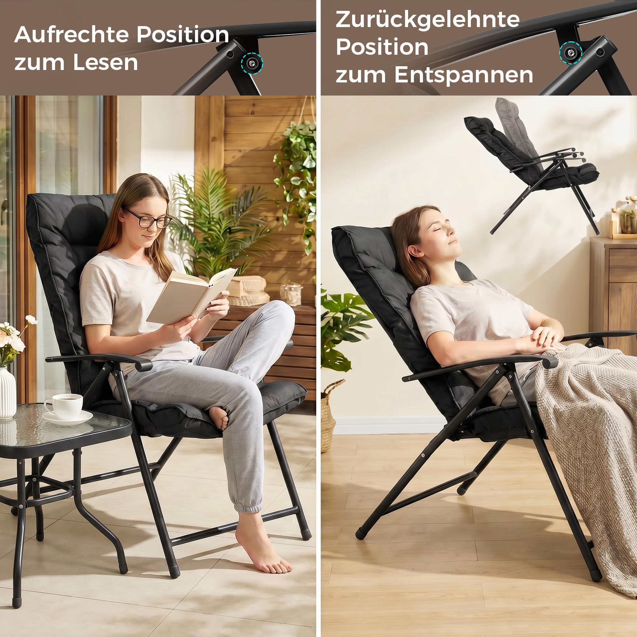 Mondeer Balkonmöbel Set 3 Teilig mit Klappstühlen und Polsterung (Schwarz) | Tisch aus gehärtetem Glas, atmungsaktiv, Klappstühle, Terrassenmöbel-Set für Balkon, Hinterhöfe, Pool