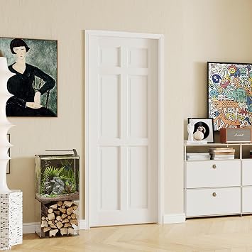 30" x 80" French Interior Doors, 6 Panel Solid MDF Core Wood Pantry & Closet Door, Single Pre-Finished Door Slab, White Primed Hinges Not Included