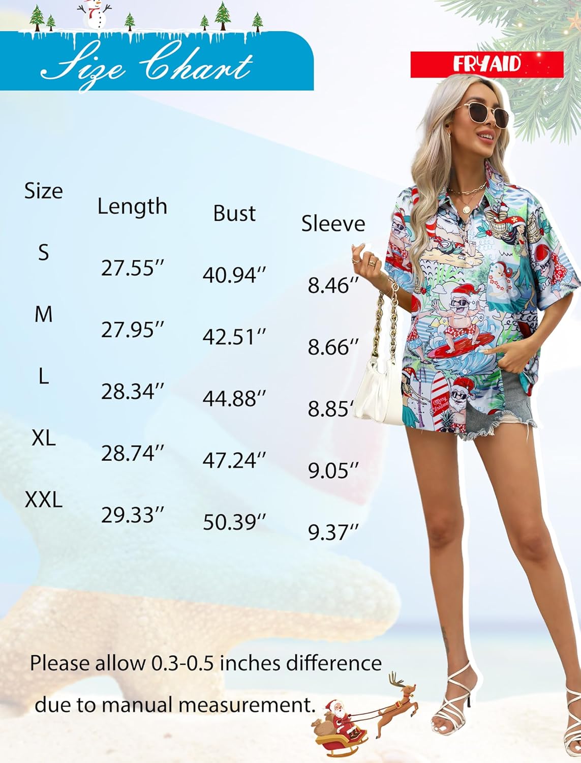 FRYAID Merry Xmas Shirt Hawaiian Shirts Women Funny Santa Claus Ugly Graphic Tee Summer Holiday Beach Blouses Button Up Tops - Image 6