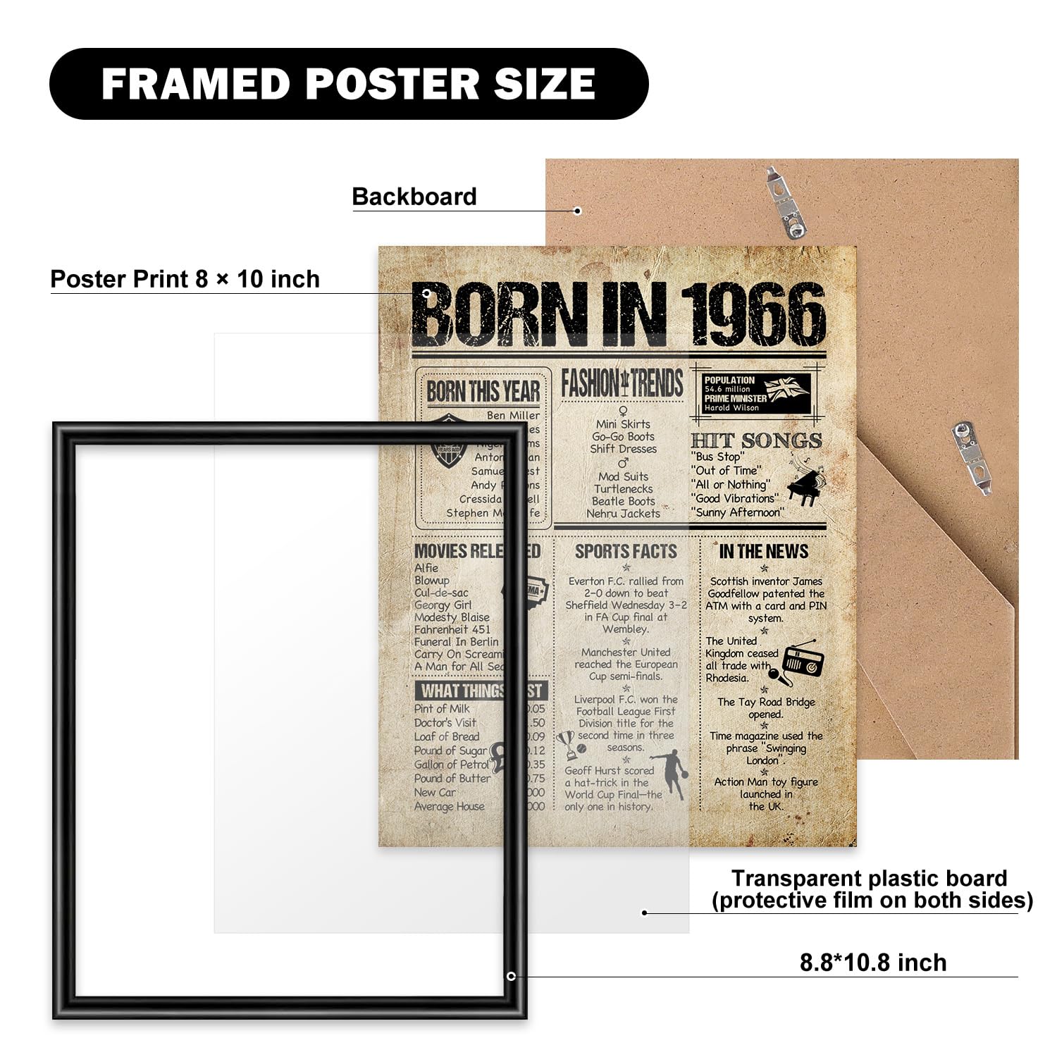 Benjia 1966 Poster Framed UK, Happy 60th Birthday Sign Card Party Decor Supplies Home Decoration Birthday Gift 60 Years Old Wedding Newspaper For Men Women (8x10 inch, Vintage) — view 2