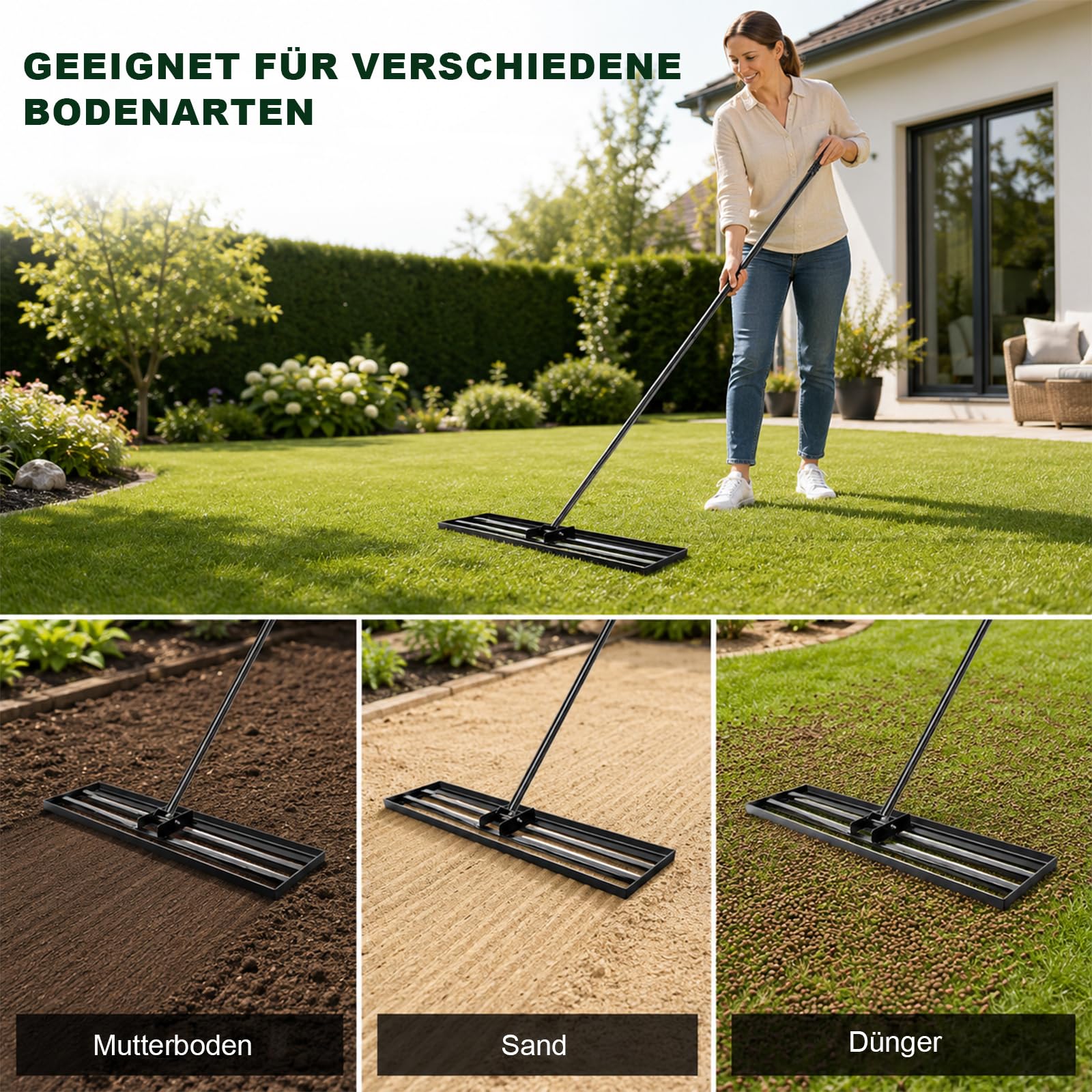 Rasen Nivellierrechen 76,2 × 25,4 cm mit 213 cm Edelstahlstiel, Rasenrechen aus verstärktem Stahl, Schwenkbarer Kopf, Rechen zum Einebnen von Erde, Rasen Nivelliergerät für Garten und Landschaftsbau