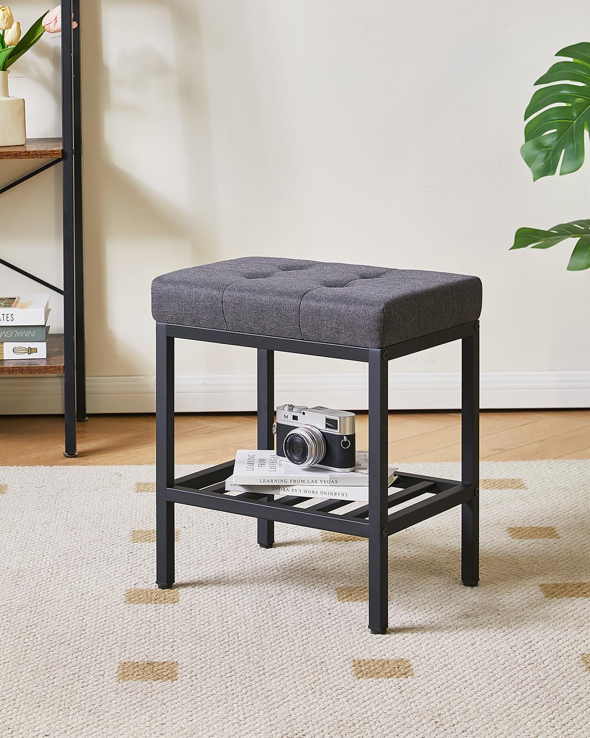 IBUYKE Silla de Maquillaje Rectangular con Patas Ajustables y Almacenamiento, Gris Oscuro
