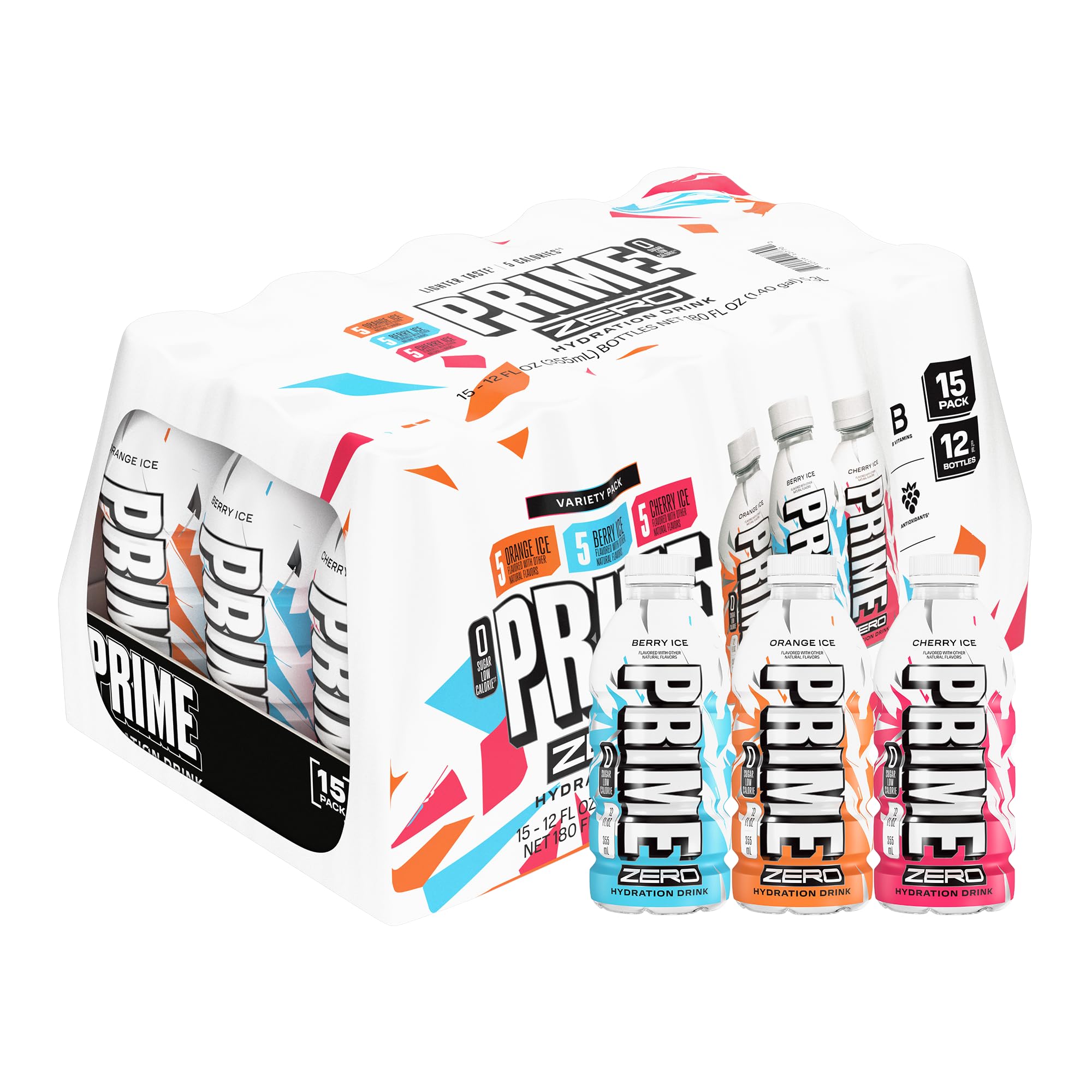 Prime Zero Variety Berry Ice, Cherry Ice, & Orange Ice Sugar Free Sports Drinks, Electrolyte Enhanced to Replenish Fluids, B Vitamins, Antioxidants, Low Calorie, Natural Flavors, 12 Fl Oz, 15 Pack