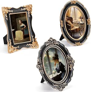 3 Pcs Black Vintage Oval Picture Frame Set - 4x6 and 5x7 Inch Baroque Photo Frames with Glass