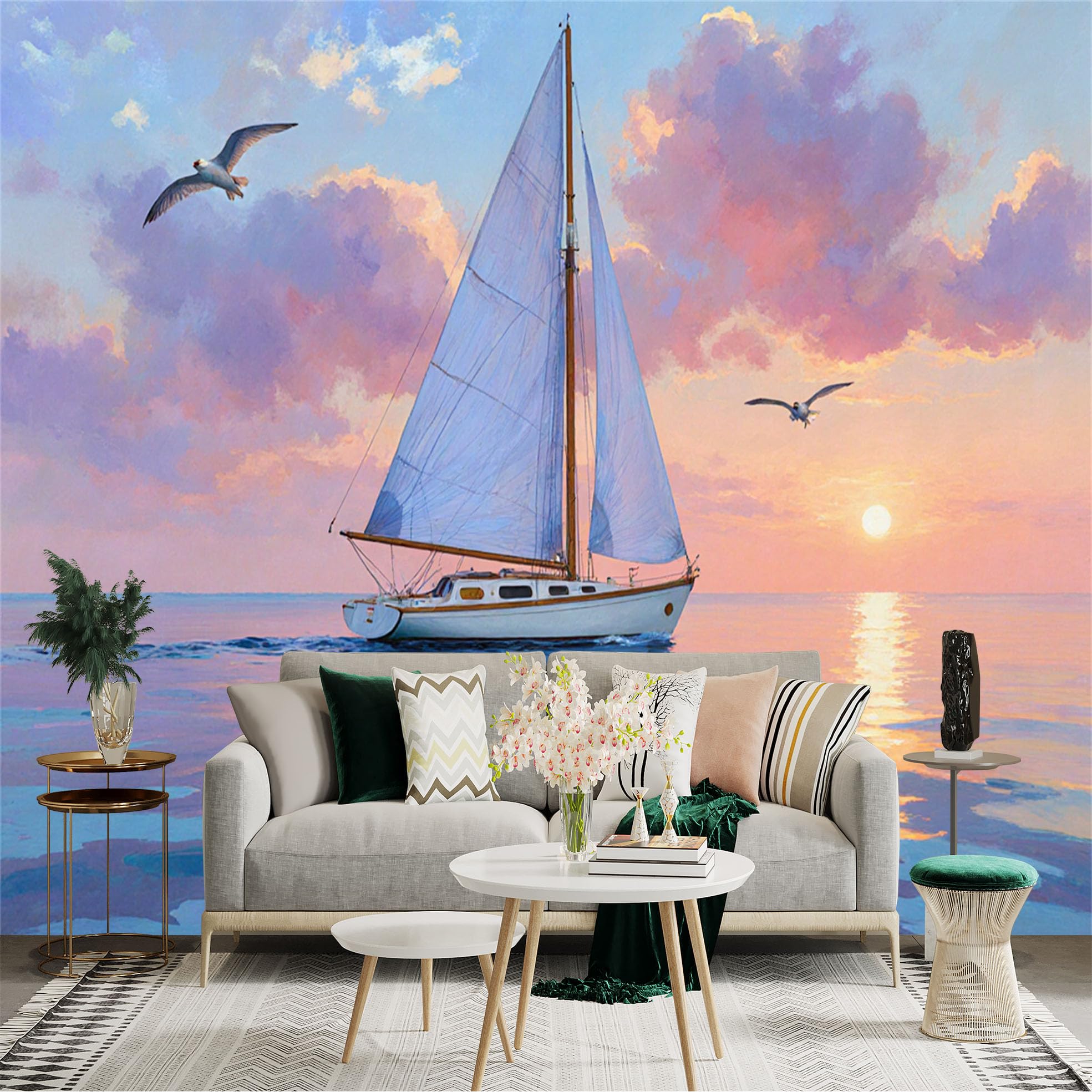 Custom Size Wall Sticker Mural， Sailboat on Calm Ocean， Sunset Pink Clouds， Soaring Seagulls， Serene Marine Landscape， for wall Decoration， peelandstick wall Decals.