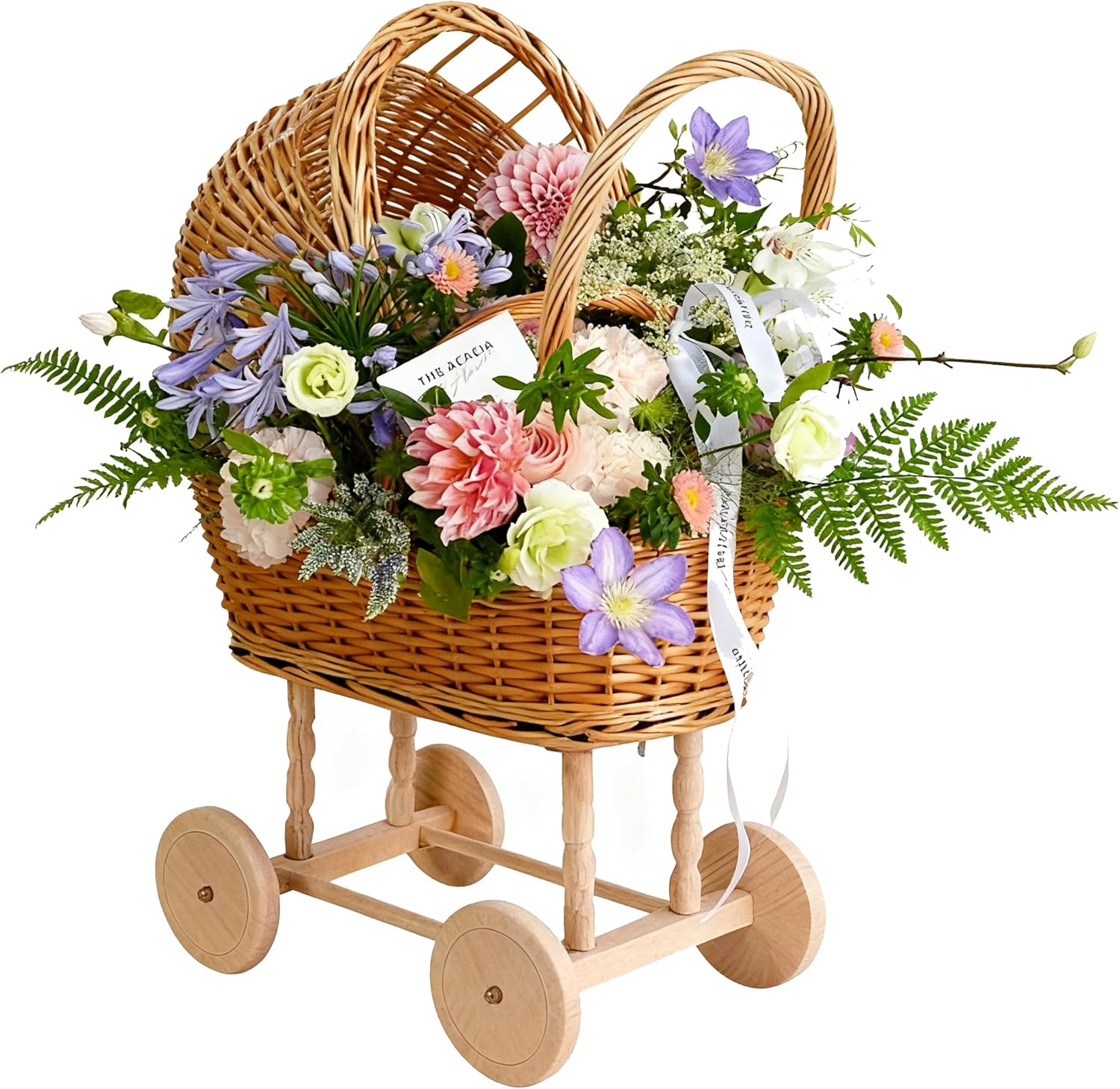 Woven Rattan Stroller Shaped Flower Basket, Vintage Wicker Baby Carriage Planter for Floral Arrangements, Baby Shower Wedding Party Decor, Photography Props, Floral Rustic Home Decor (Large Style B)