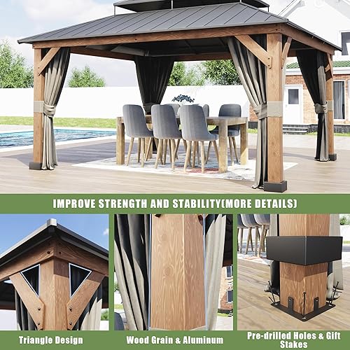Miniatura 5 de Joyside Gazebo de madera sintética de 15 x 13 pies con cortinas y red  Gazebo de patio con marco de aluminio de grano de madera y techo negro a dos