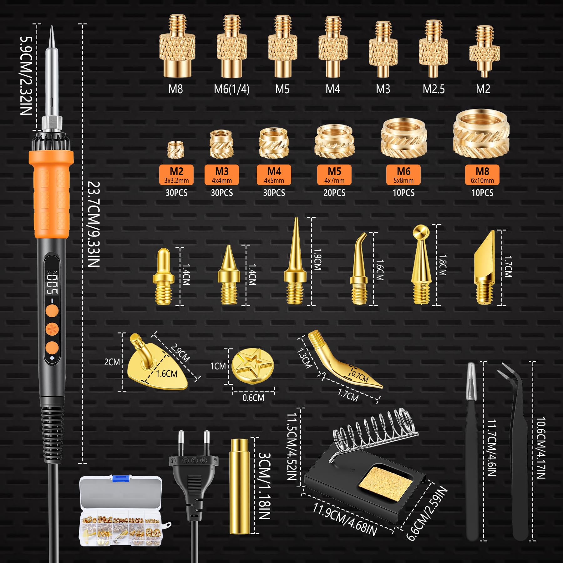 Juego puntes soldadura 151pz rosc, Juego soldad temp ajust 90W, insertos roscados M2-M8 para impresión 3D, puntas de soldadura M2-M8 + soporte + pinzas + cabezal adaptador de dibujo (Naranja)
