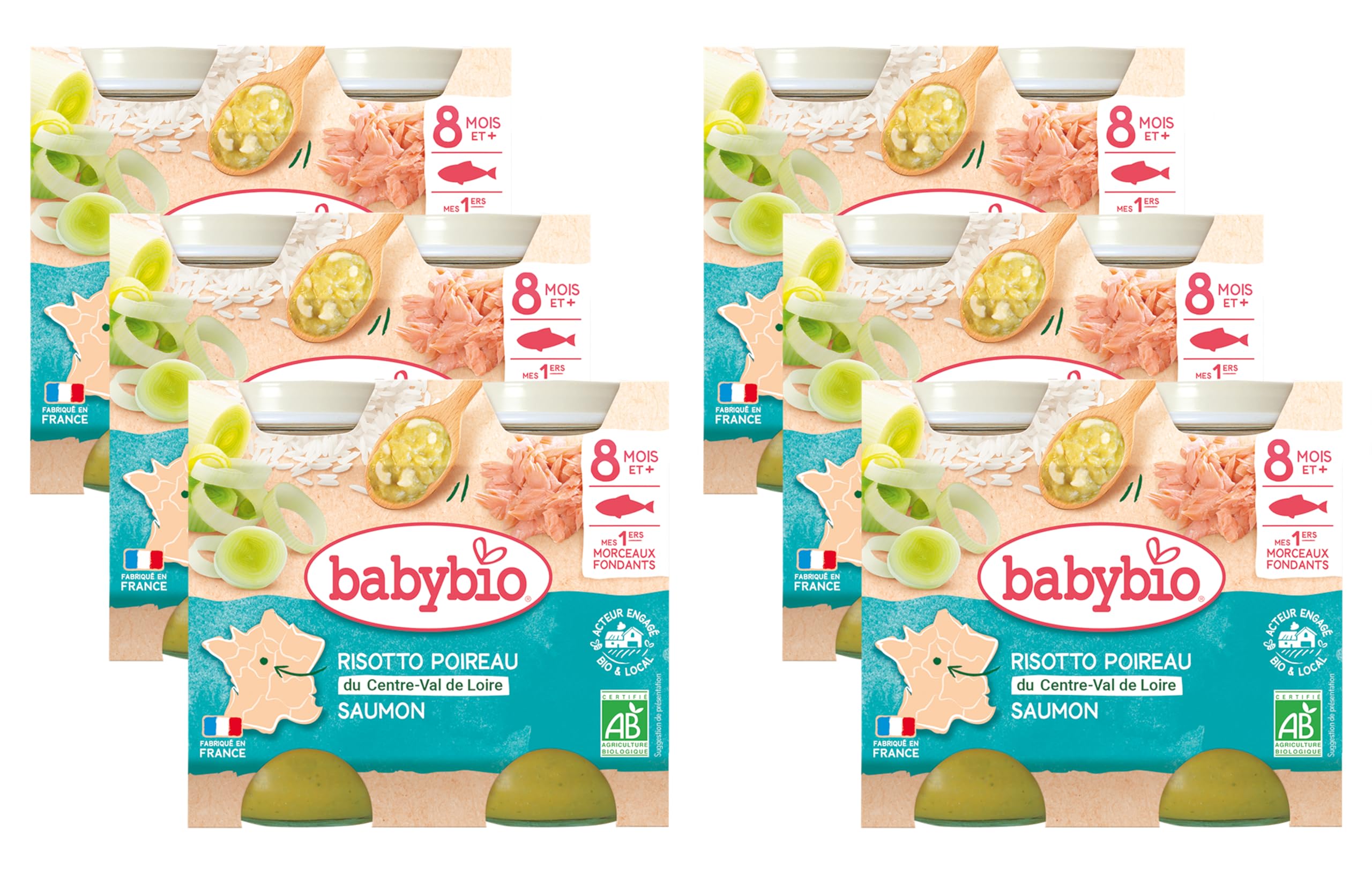 BABYBIO - Petits pots - Risotto Poireau Saumon avec morceaux - BIO - 8+ mois - 2x200g - Lot de 6