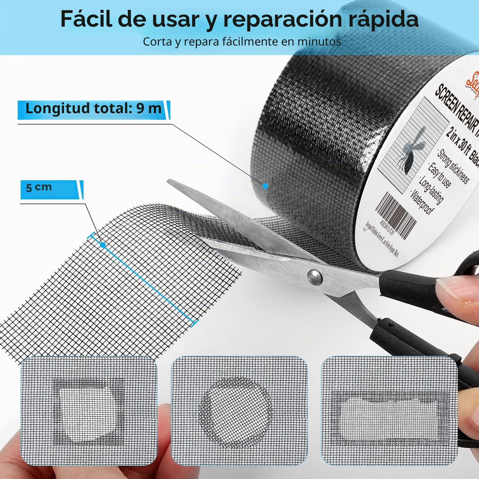 Secopad Cinta Reparadora de Mosquiteras, 50 mm x 9 m Kit de Reparación de Parches de Pantallas de Fibra de Vidrio para Pantallas de Puertas y Ventanas, Negro