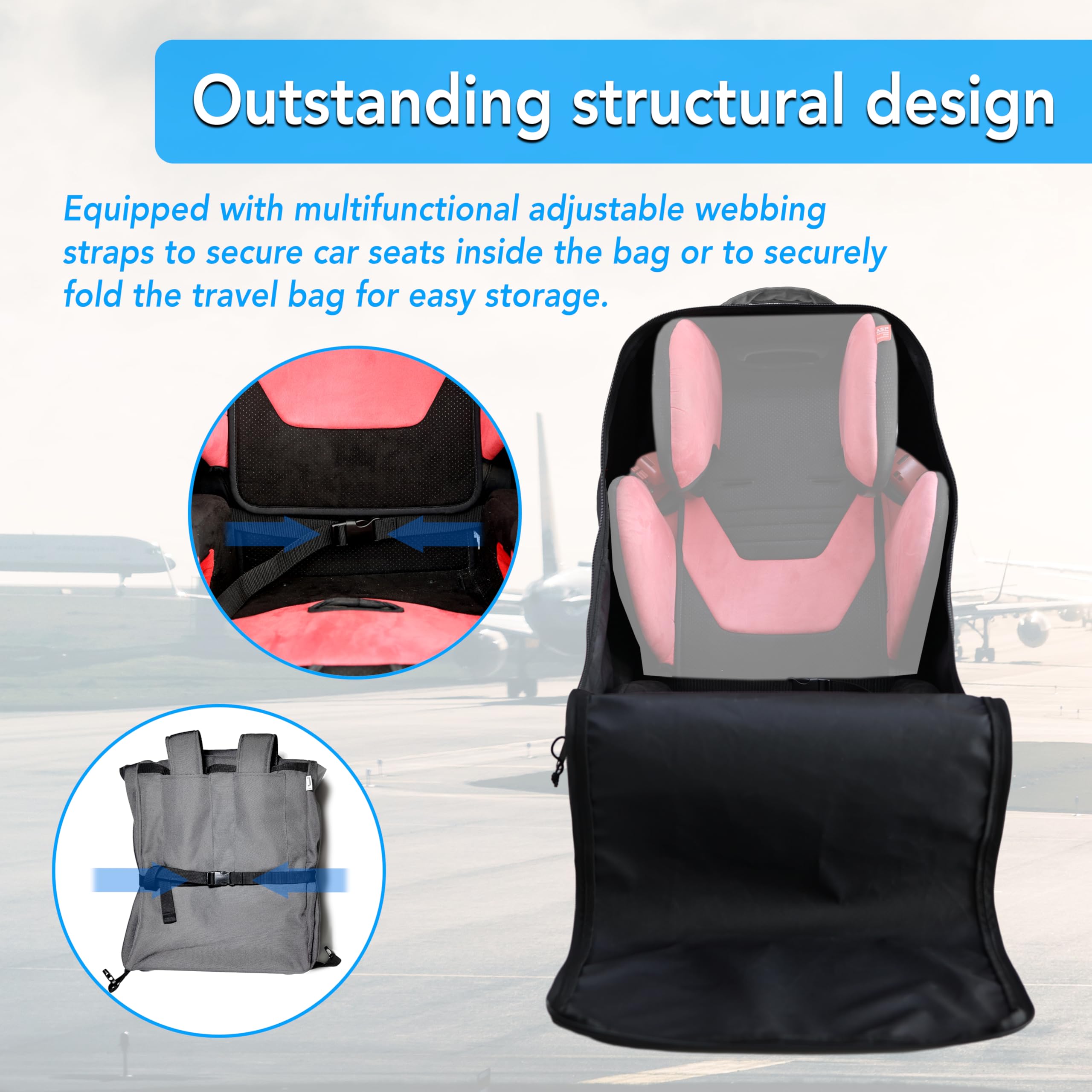 Sac de voyage pour siège auto avec roulettes – Sac d'avion rembourré – Gris