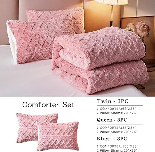 Miniatura 6 de Joyreap Juego de edredón de 3 piezas de sherpa de piel sintética esponjosa, color rosa, juego de edredón de lujo copetudo, para todas las