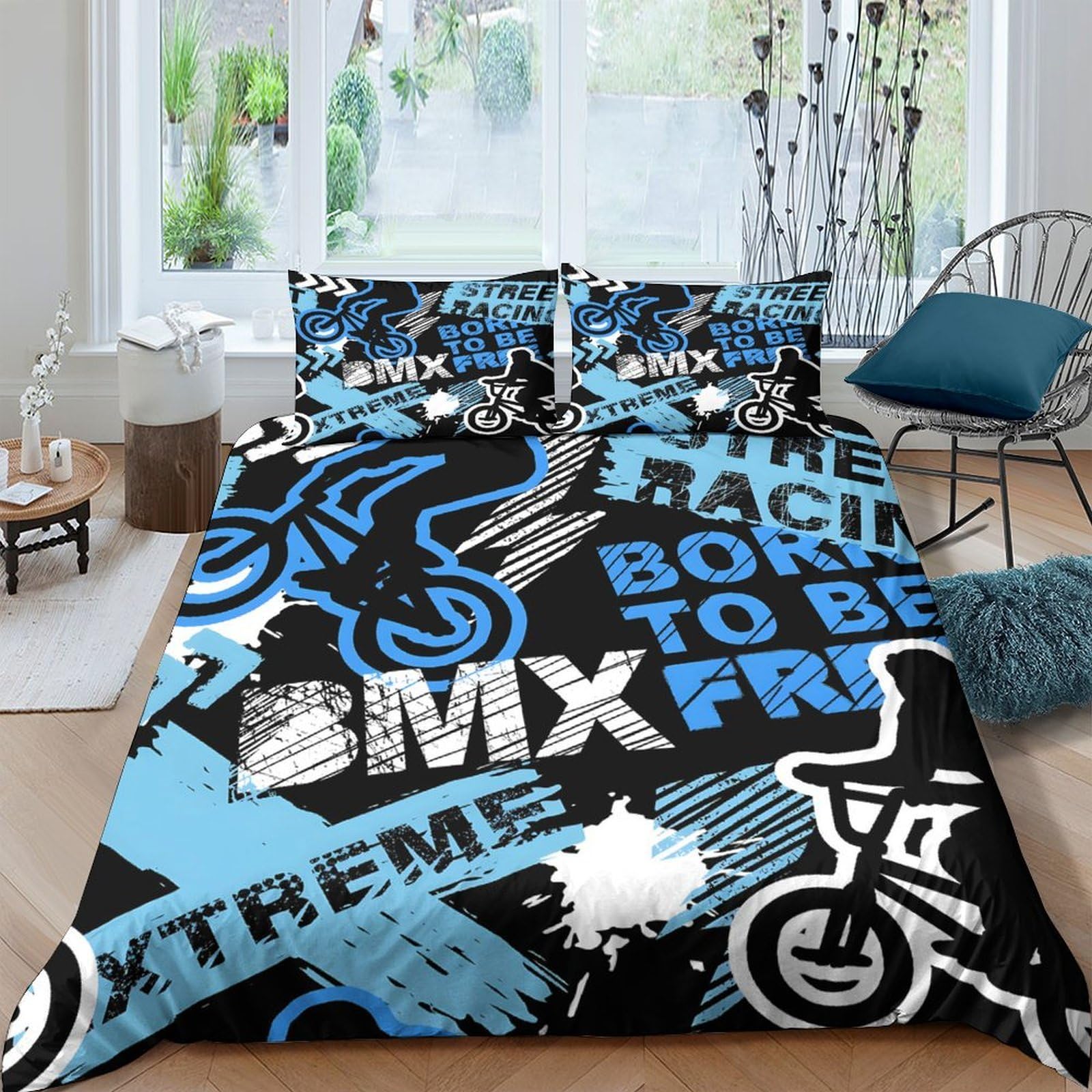 Ctjqhvkz Style-4 3D Printed Graffiti Bmx Fitted Sheet Microfiber Black Blue Urban Street Style Mattress Cover Bedroom Decor Single（135X200cm）