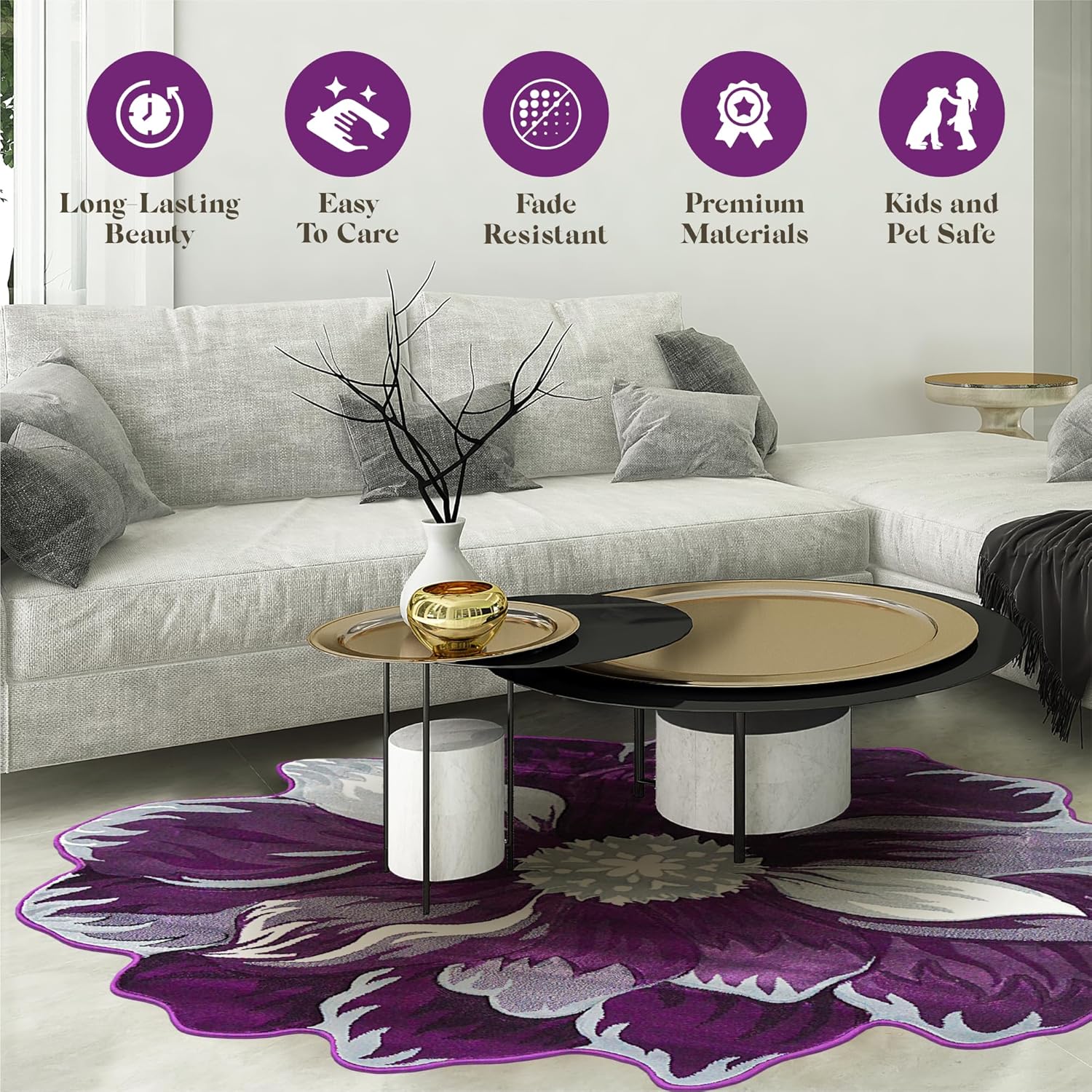 Flower Rug 5ft Round Area Rugs Cute Plush Flower Shaped Rug Circle Girly for Bedroom Floor Living Room Carpet 305 Purple