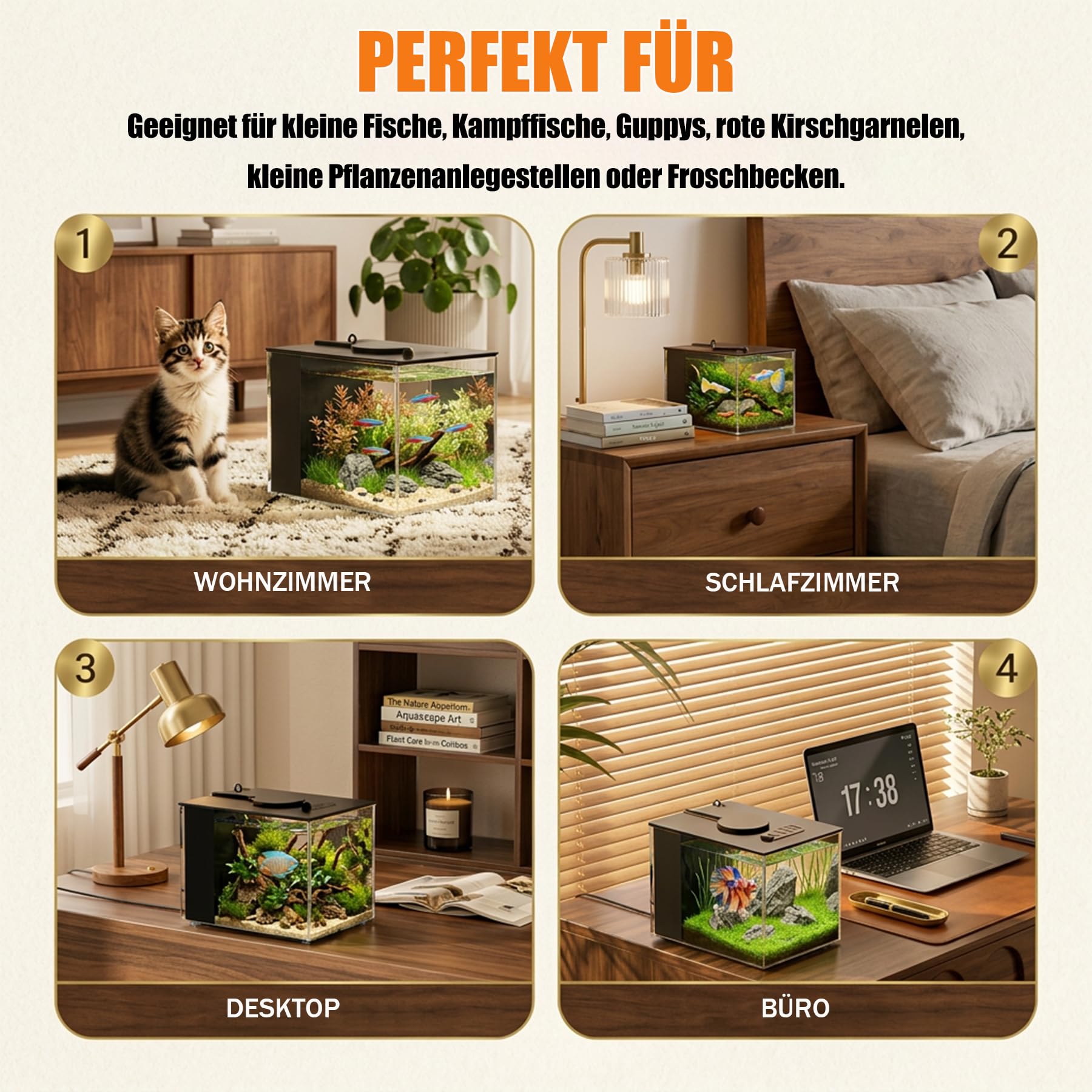 Betta Aquarium Komplettset 3,7L Acryl mit Filterpumpe LED-Beleuchtung Schwarz