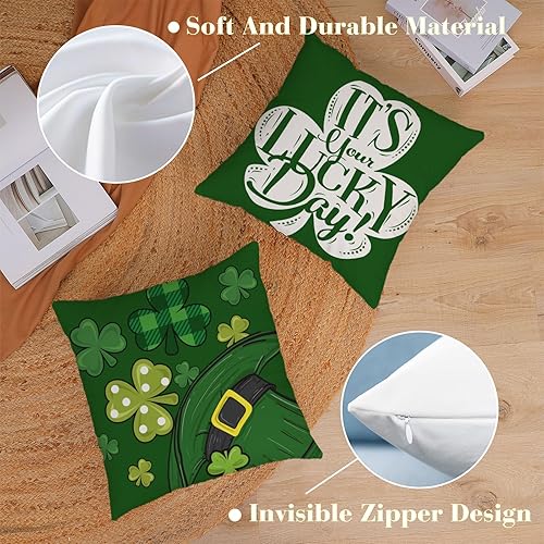 Miniatura 2 de Juego de 4 fundas de almohada del Día de San Patricio de 18 x 18 pulgadas, fundas de almohada de terciopelo verde con trébol de la suerte, fundas de