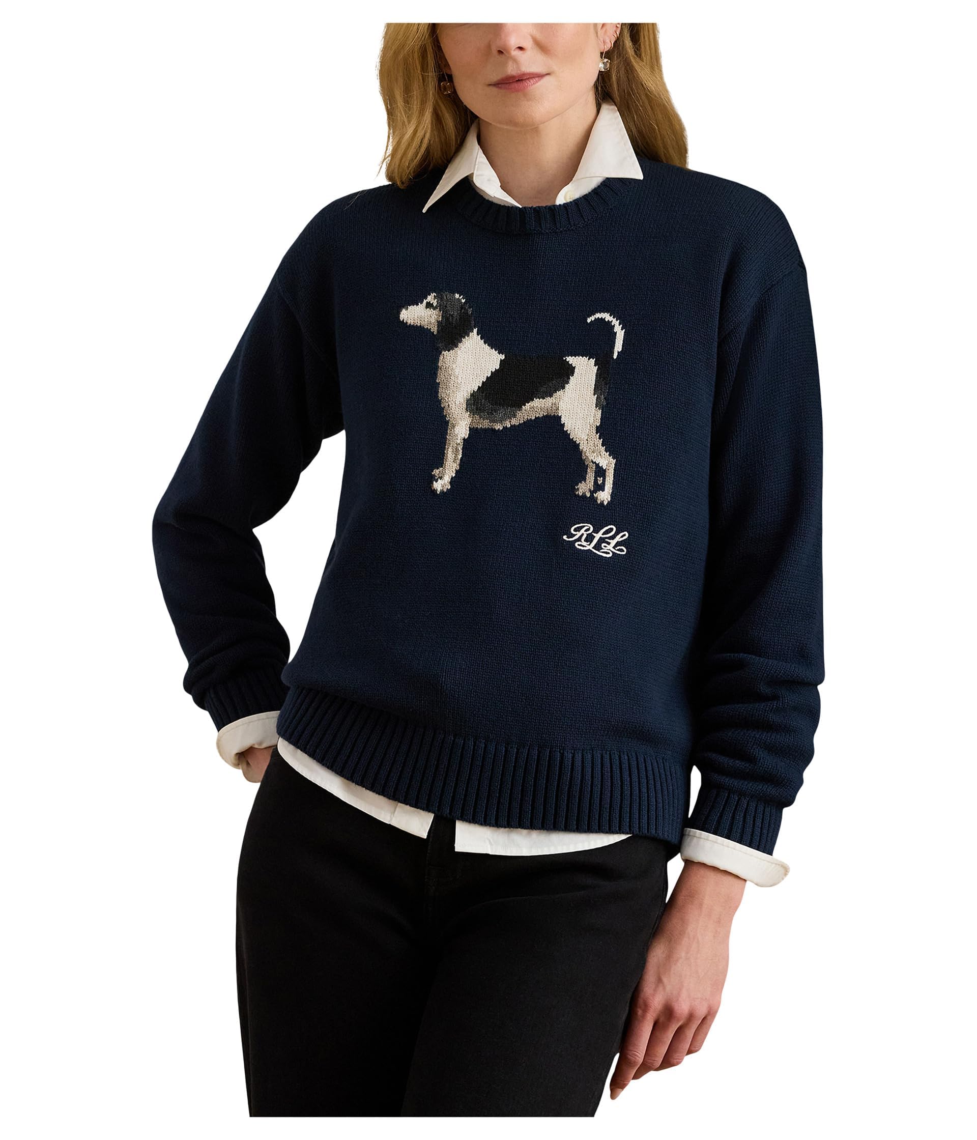 Lauren Ralph Lauren Womens Intarsia-Knit Dog Cotton Sweater