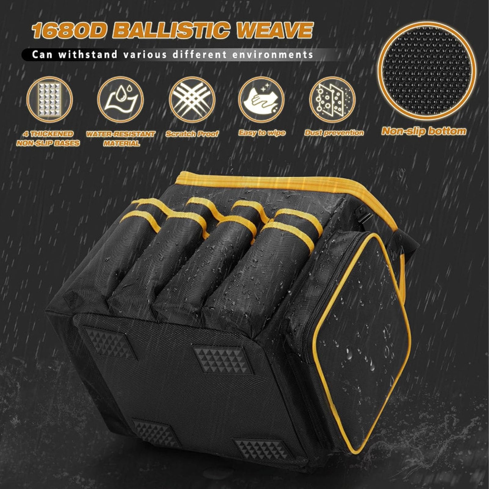 Sac à Outils de 20 L avec Base de Pieds en Caoutchouc Antidérapant, Séparateur Central Amovible, 8 Poches Avant et Fentes élastiques Latérales pour Perceuse, Embouts (12 pouces)