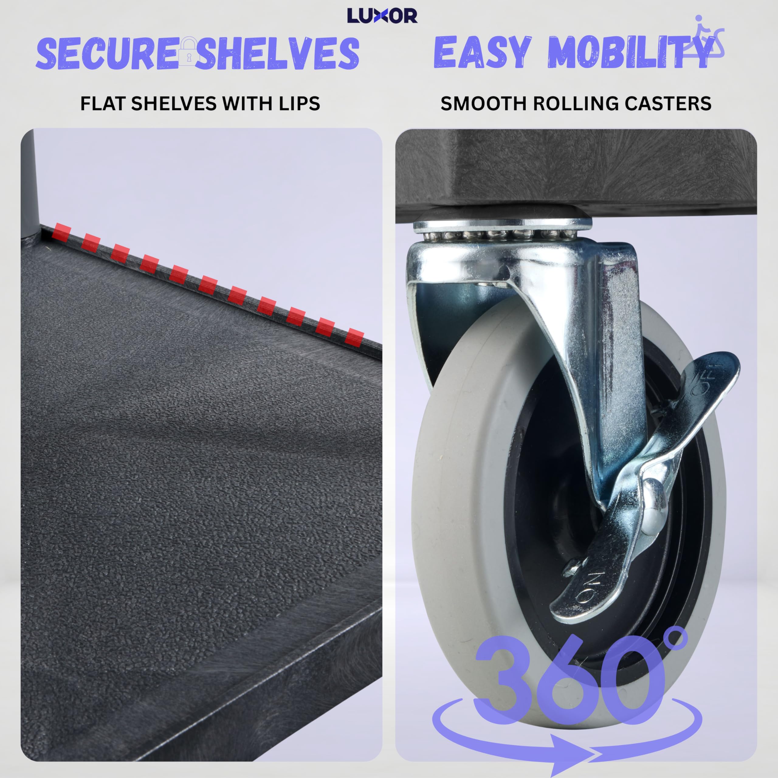 Luxor - Carro multiusos para almacenamiento (3 estantes, espuma estructural, plástico, color negro