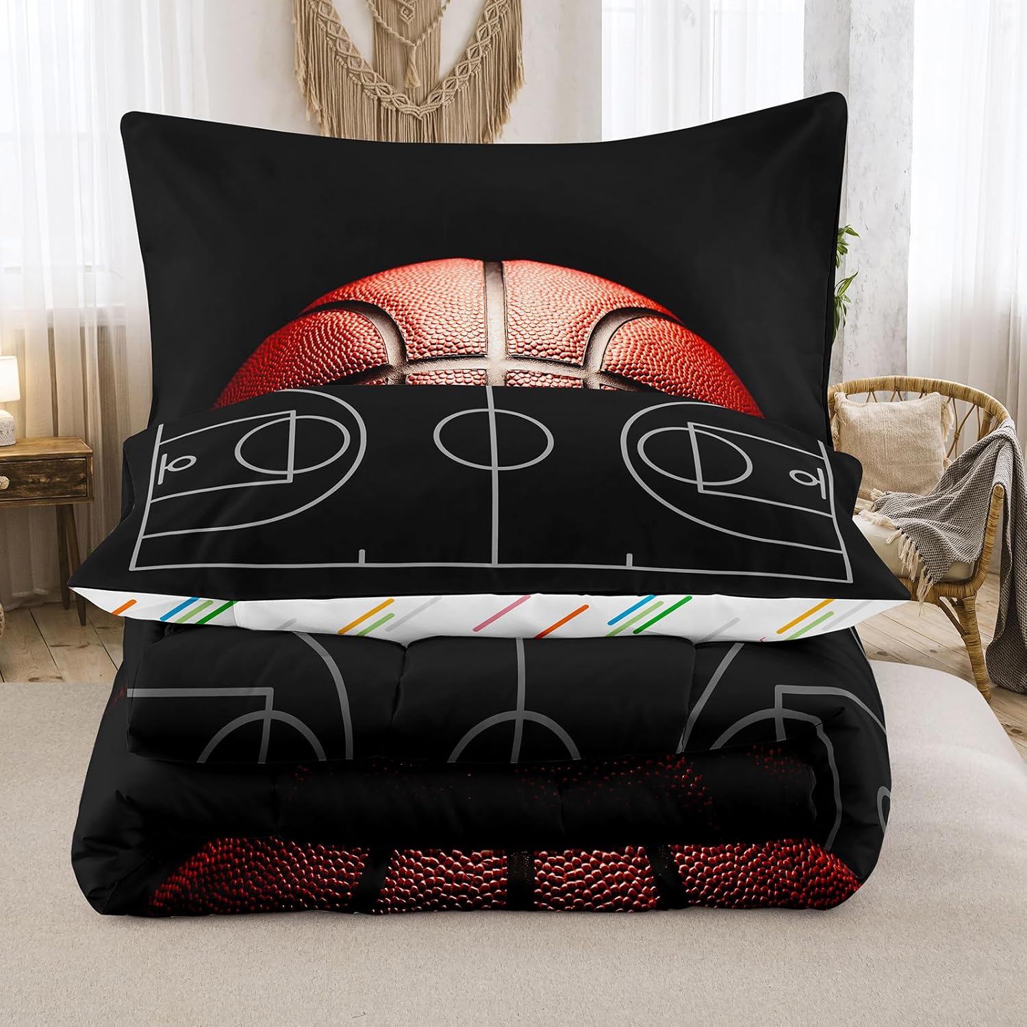 Bodhi Boys Queen Comforter Sets with Basketball Print,Soft Sports Bedding Sets Queen Size for Kids,6 Pieces Boys Bed in A Bag Comforter Sets