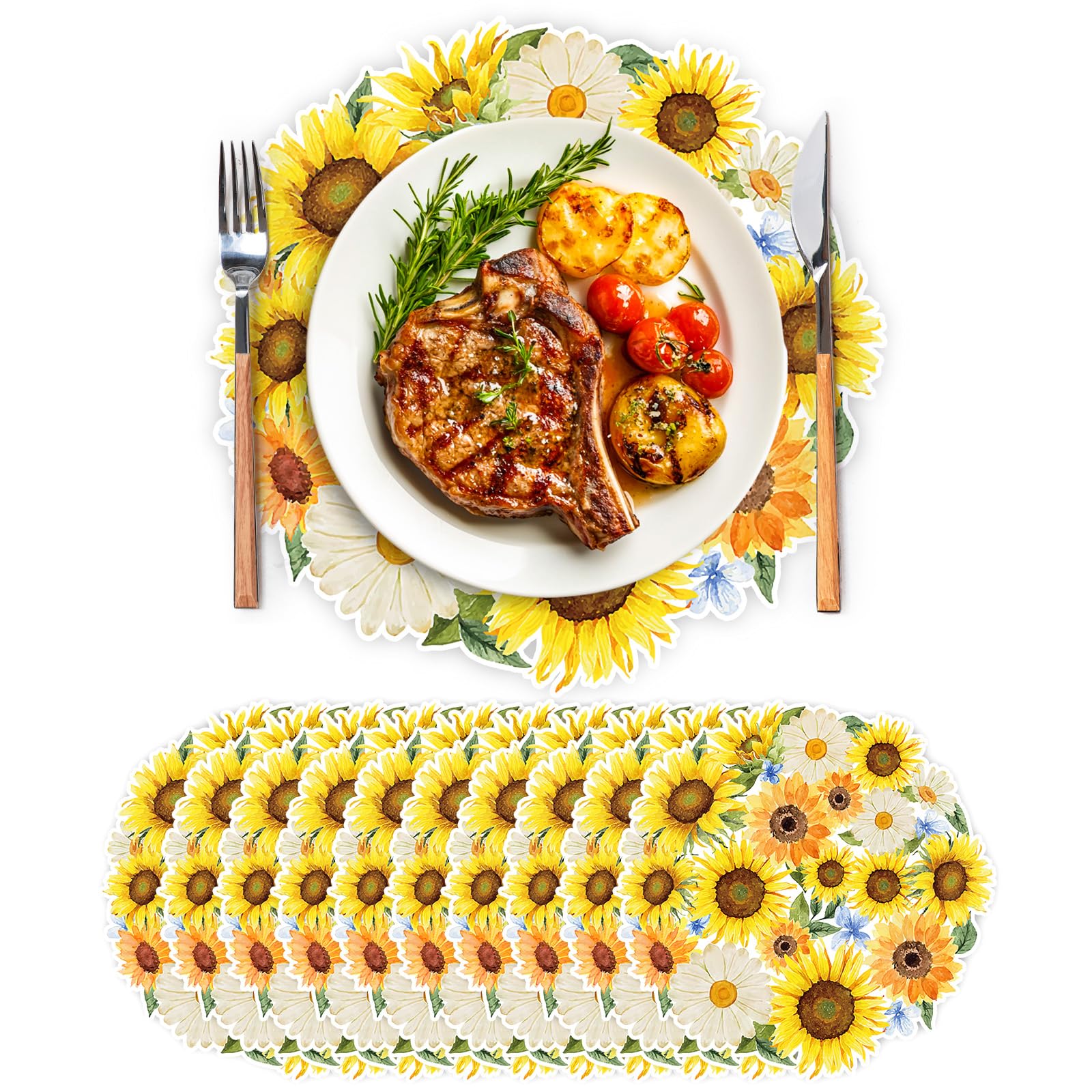 JarThenaAMCS 50 hojas de manteles individuales de papel de girasol, acuarela, flores amarillas, manteles individuales florales para suministros de fiesta de primavera y verano