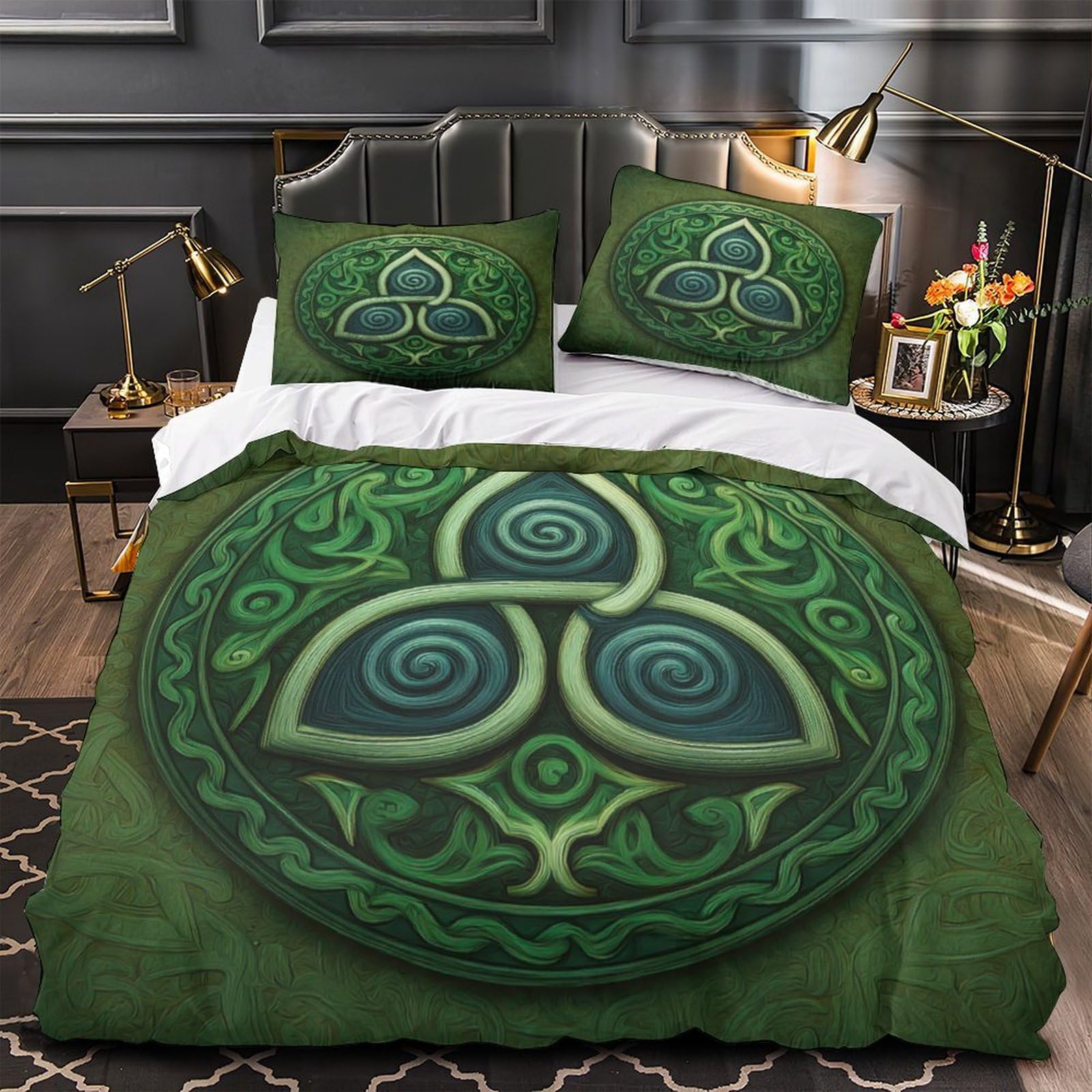 Housse de couette motif celte vert 260x220 avec 2 taies d'oreiller lit Super King