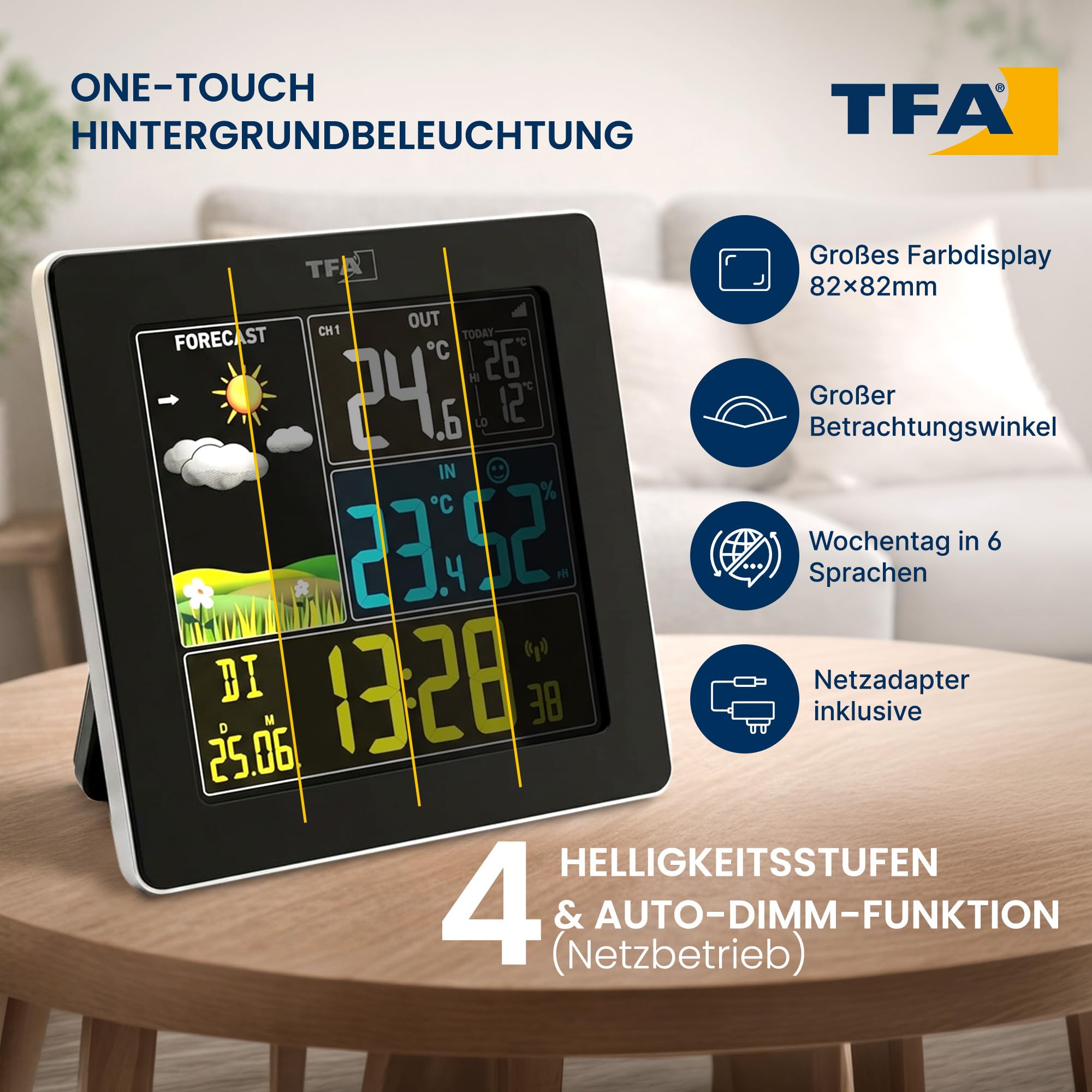 TFA Dostmann Wetterstation Funk mit Außensensor SUN2 digital, 35.1174, für Innen und Außentemperatur, großes Farbdisplay, mit Wohnklima, inkl Funkuhr mit Datum, Hygrometer, mit Netzadapter, schwarz