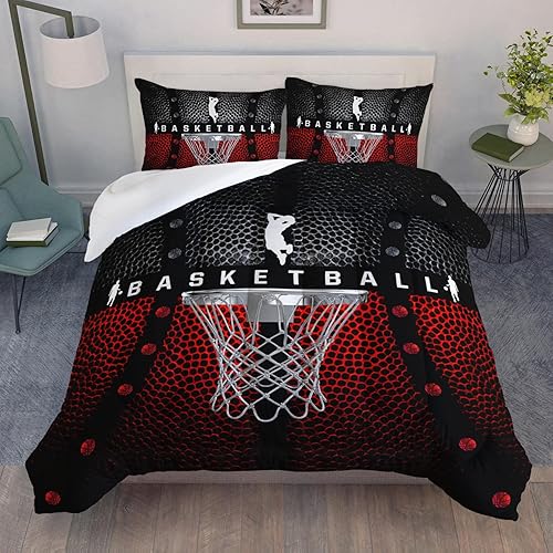 AILONEN Juego de edredón de baloncesto para adolescentes y niños, tamaño individual, color negro con juego de ropa de cama de baloncesto rojo,