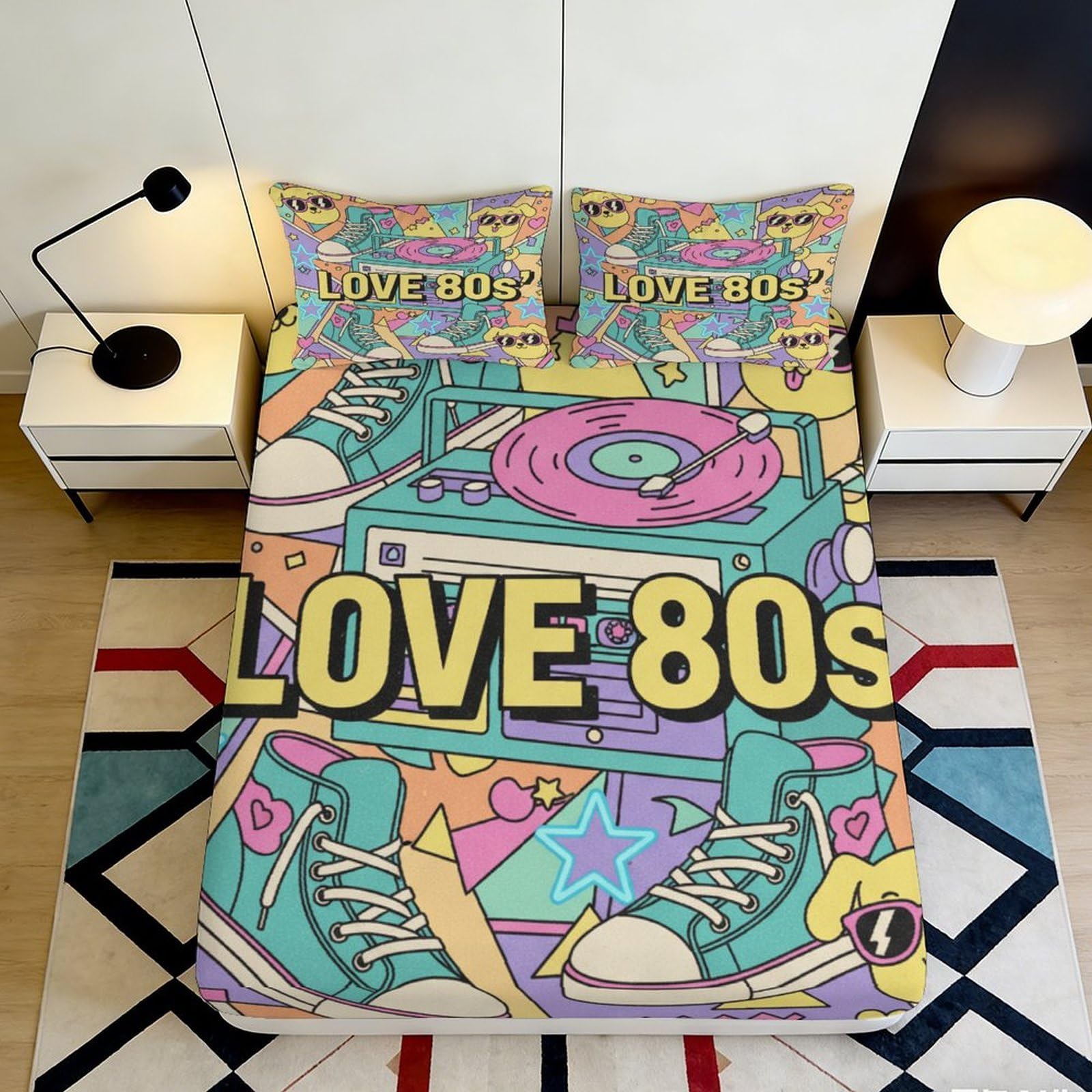 Uynsixtme Style-4 3D Printed Retro Graffiti Fitted Sheet Microfiber Deep Pocket Non-Slip Bedding Set Retro Graffiti Mattress Fitted Cover Washable For Adults Teens 140X200x25cm