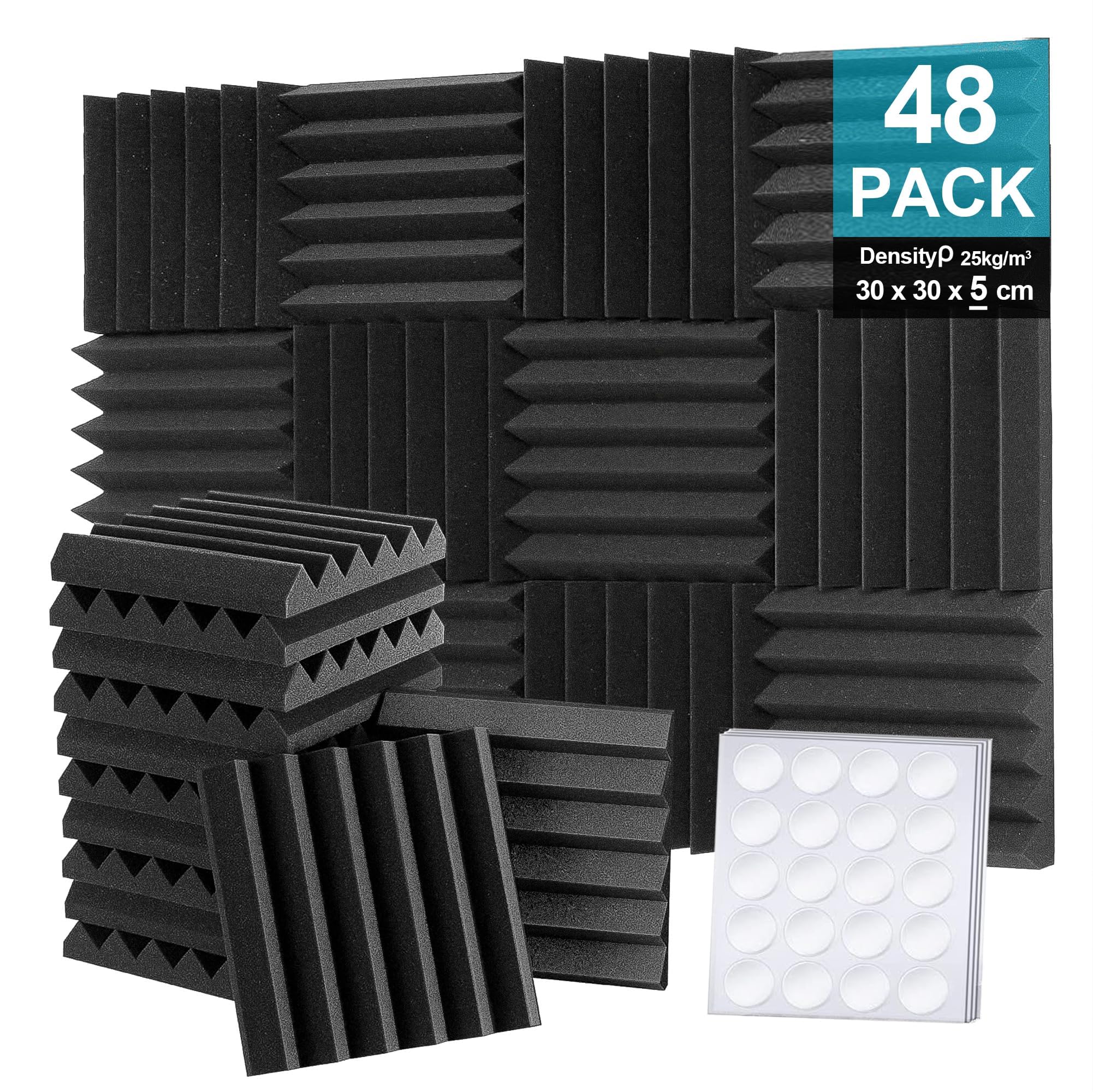 Foneso - Paquete de 48 paneles de espuma acústica, paneles de pared acústicos de 5 x 30 x 30 cm, paneles de pared acústicos Foneso para estudio, grabación de podcast, salas de juegos, oficinas