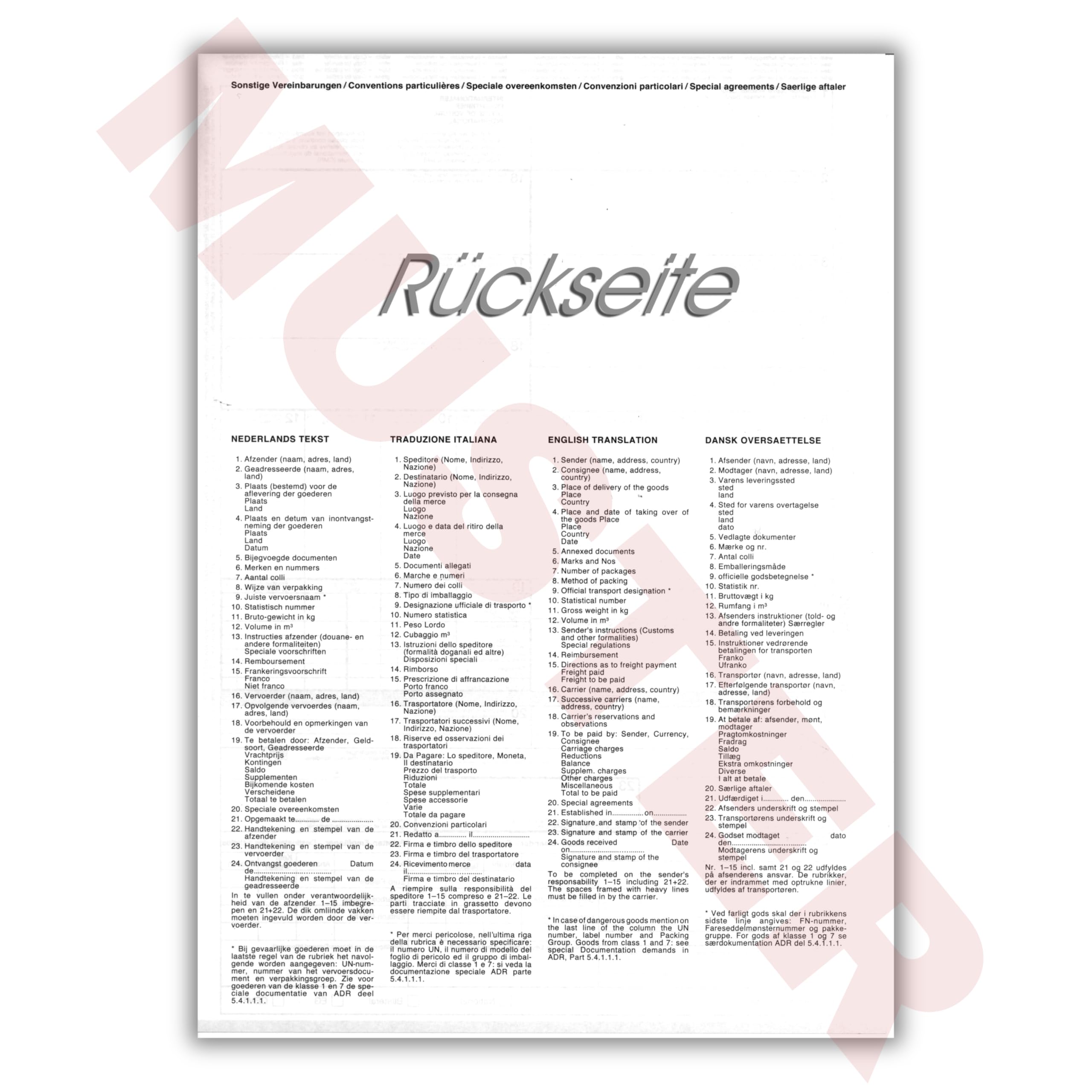 CMR Lot de 100 lettres de fret autocopiantes 4 compartiments Transport international ADR