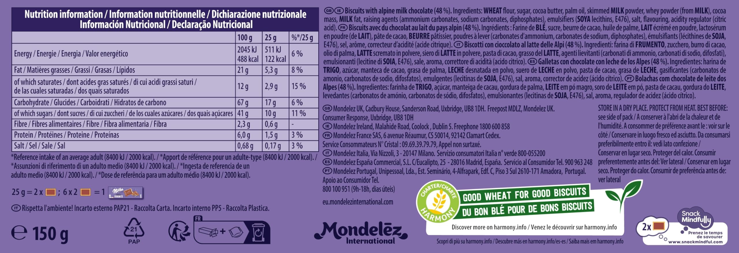Milka Choco Biscuits Galletas con Chocolate con Leche de los Alpes 150g