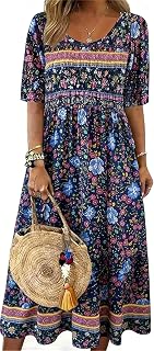 Kubsid Womens Boho Dress Summer Casual 2026 Short Sleeve Loose Fit Floral Maxi Dress Flowy Beach Vintage Sundress