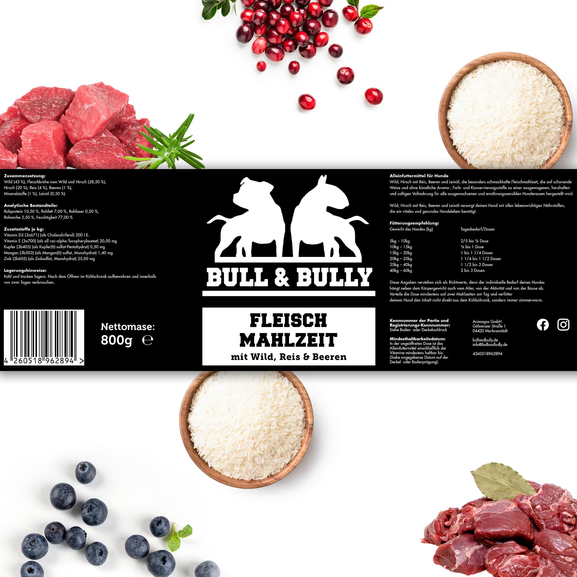 Hundefutter Nass 800g 12x Fleischmahlzeit Wild, Reis mit Beeren | Tierärzten entwickeltes Hunde Nassfutter Premium Wet Dog Food mit hohem Fleischanteil für aktive Hunde von BULL & BULLY